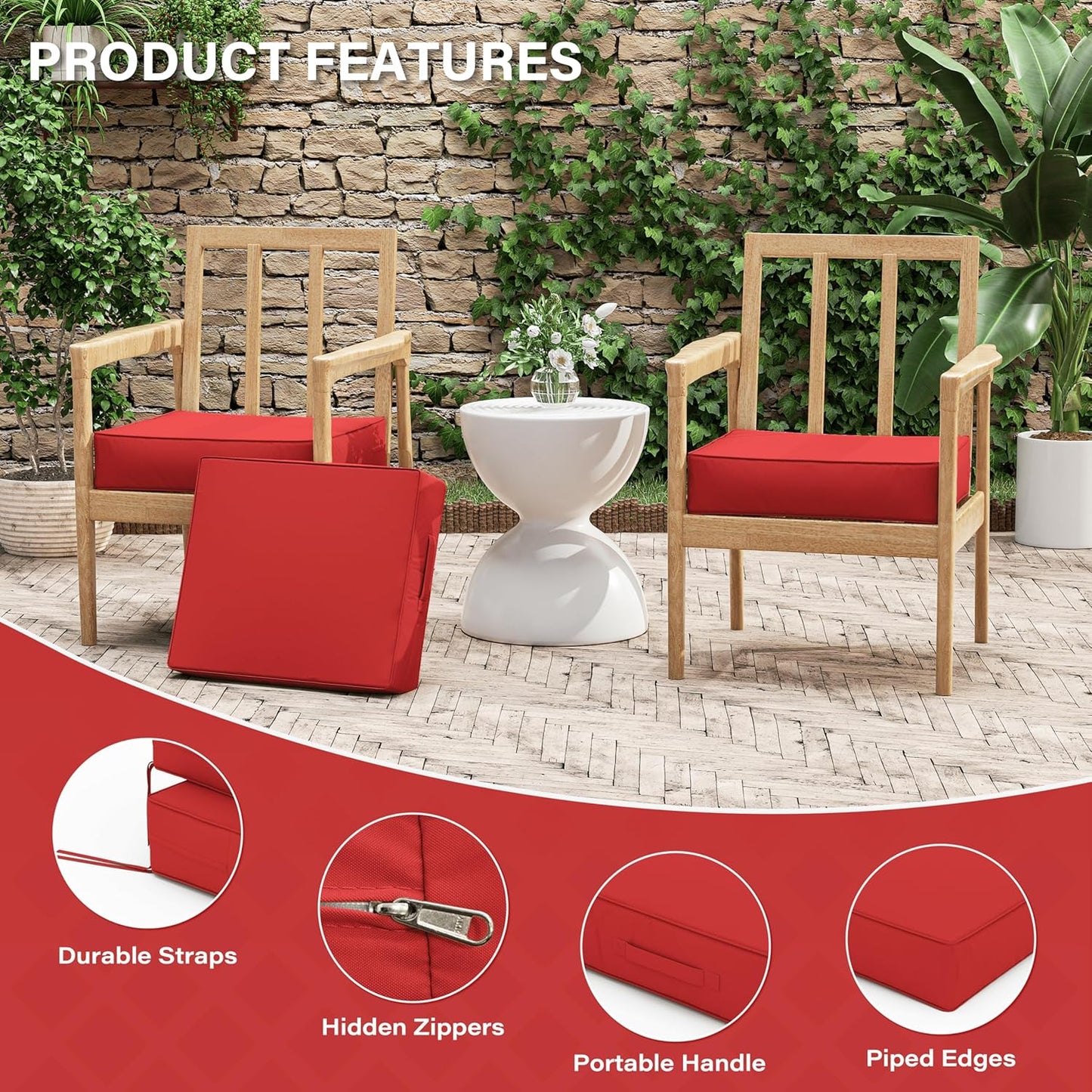 Patio Chair Cushions 18.5 X 16 X 4 Inch Waterproof Outdoor Seat Cushions for Patio Furniture, Outdoor Sofa Couch Pads with Ties & Handle, Set of 2, Red