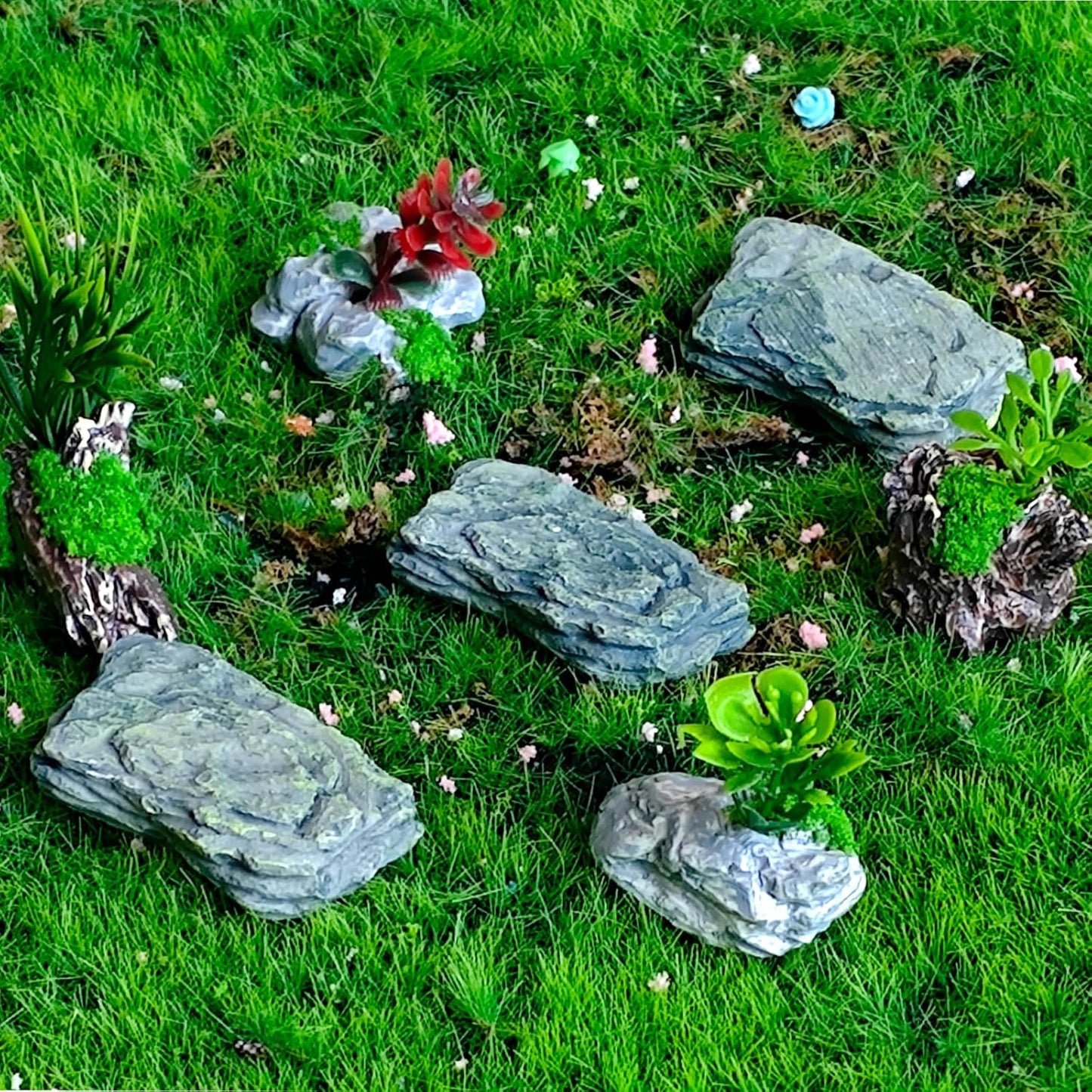 Miniature Fake Stone Rocks, Trees with Plants - 7 Piece Decorative Landscape Ornaments for Train Railway Sand Table Fairy Garden Accessories