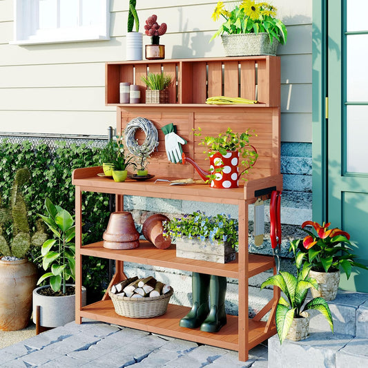65" Wooden Potting Bench with 4 Shelves & Side Hook - Farmhouse Style Outdoor Garden Workstation (Natural + Solid Wood + Timber)