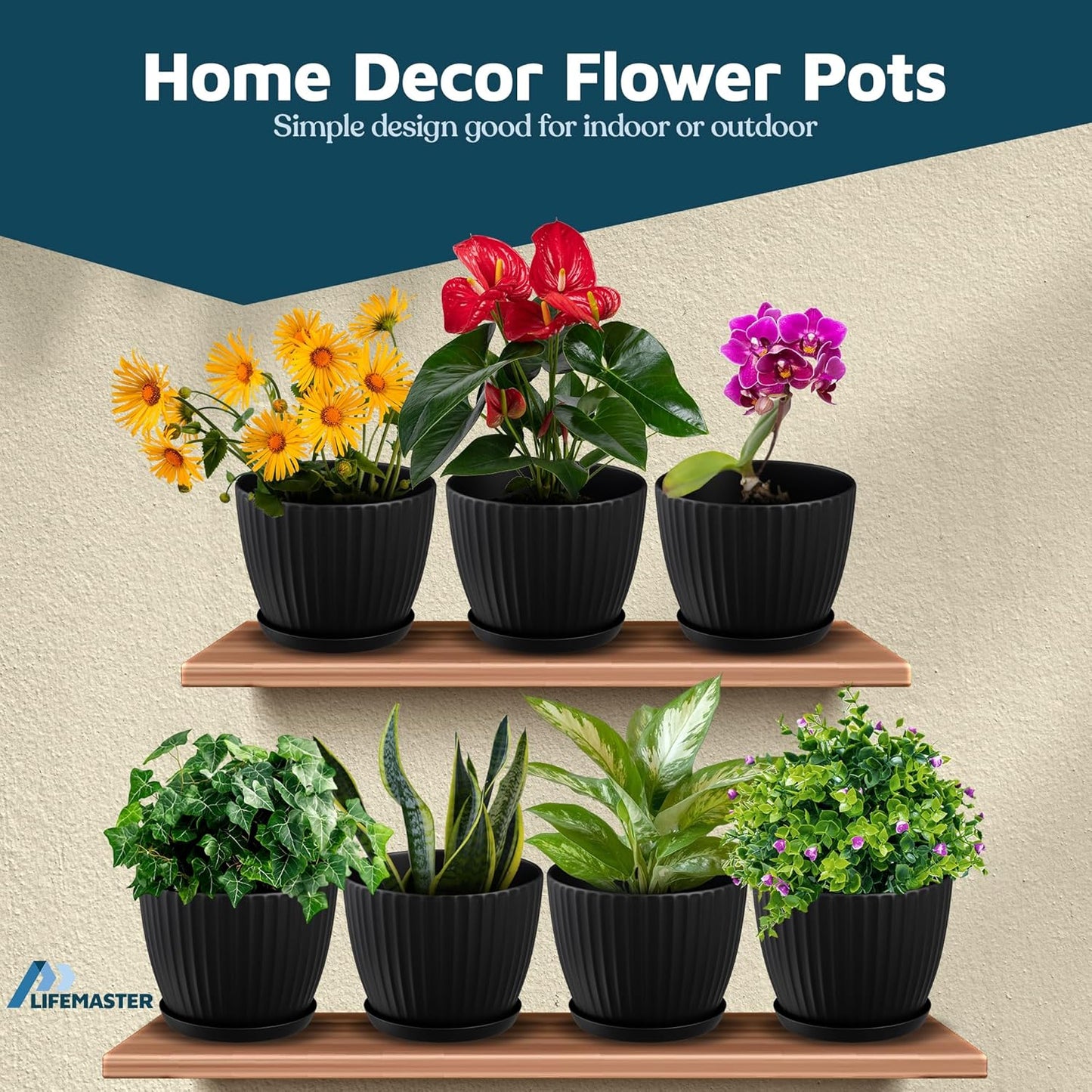 Black 6-Inch Plant Pots with Drainage & Saucers 6 Pack, Indoor & Outdoor Planters for Houseplants, Herbs, and Flowers, Durable & Weatherproof Material, Stackable, Lightweight, Minimalist Design