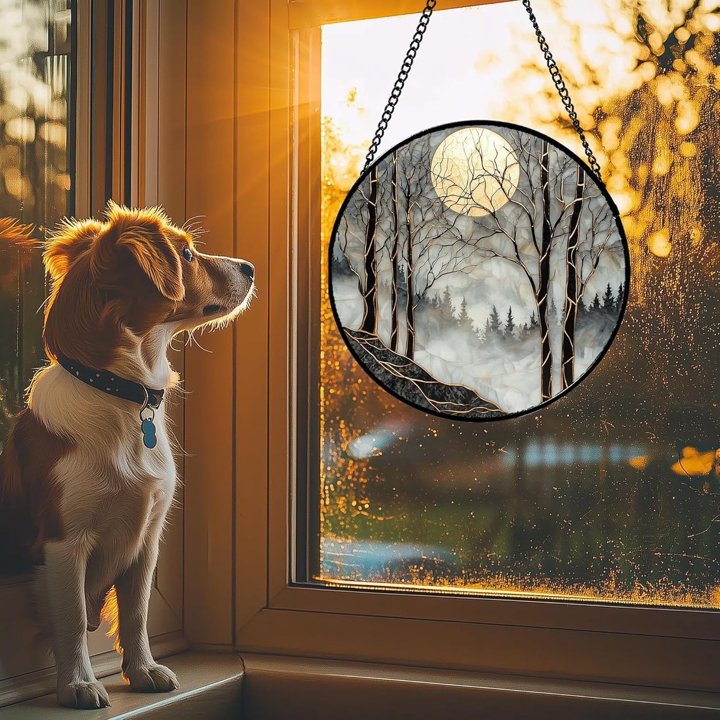 Stained Glass Window Hanging - Black and White Gold Moon Forest Sun Catcher for Door Home Decor Suncatcher Christmas Mother's Day Birthday Gifts for Women Men Lovers Mom Nana 15 in