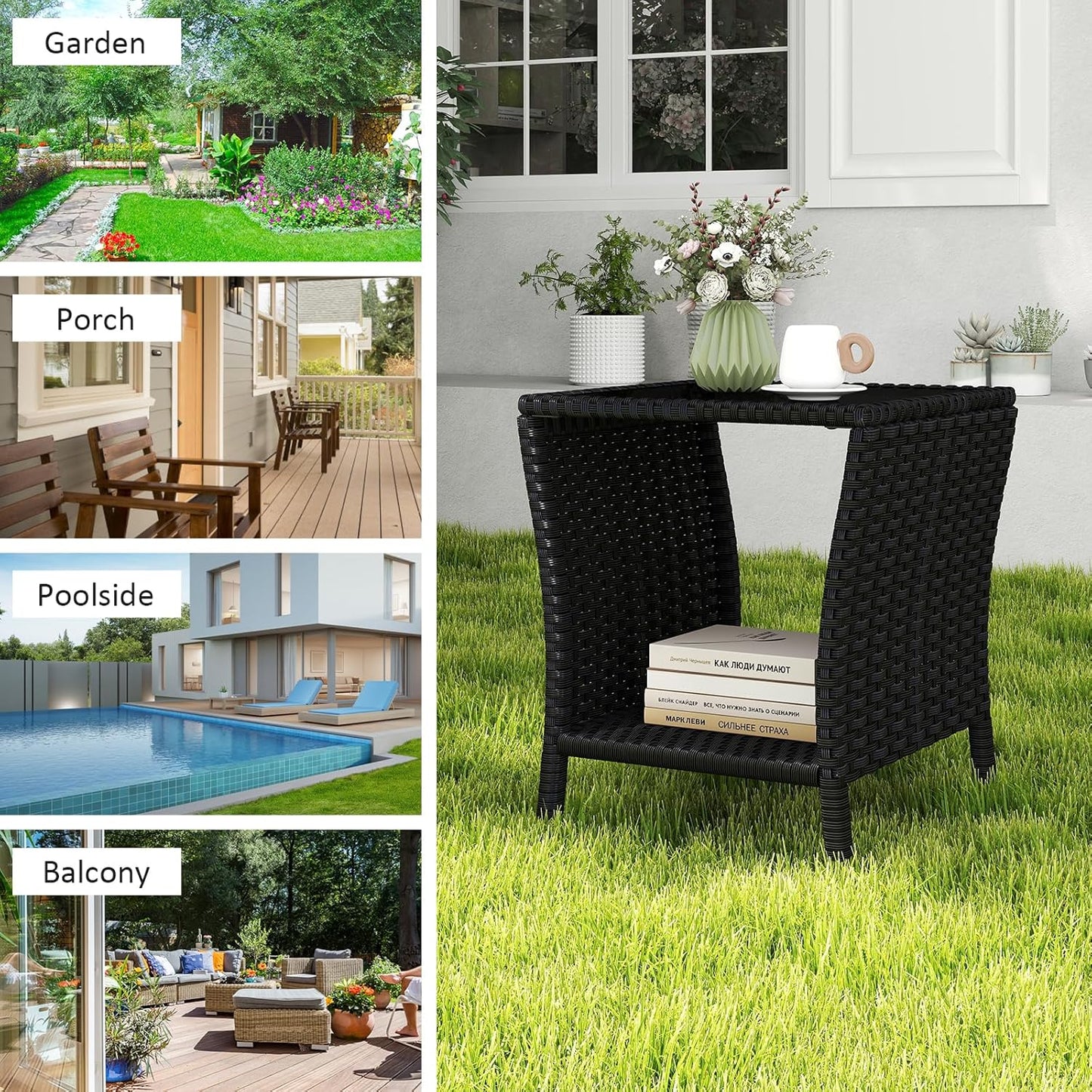 Outdoor Small Patio Table - PE Rattan Coffee Table, Wicker Side Table for Patio, Balcony & Porch, Durable & Iron Frame (1, Black)