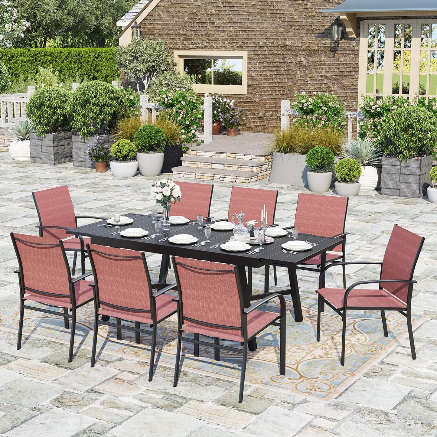 HERA'S HOUSE Red Patio Dining Sets for 8, Extendable Outdoor Table and Chairs Set, 9 Pieces Rectangular Metal Table Chairs for Patio Lawn Garden Porch