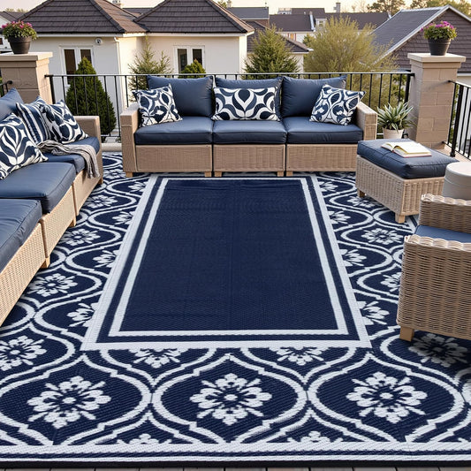 RV Outdoor Rug Waterproof Mat 9'x12' Camping Carpet Blue Outside Area Rugs Reversible Rugs for Deck Entryance Porch Picnic Balcony Beach