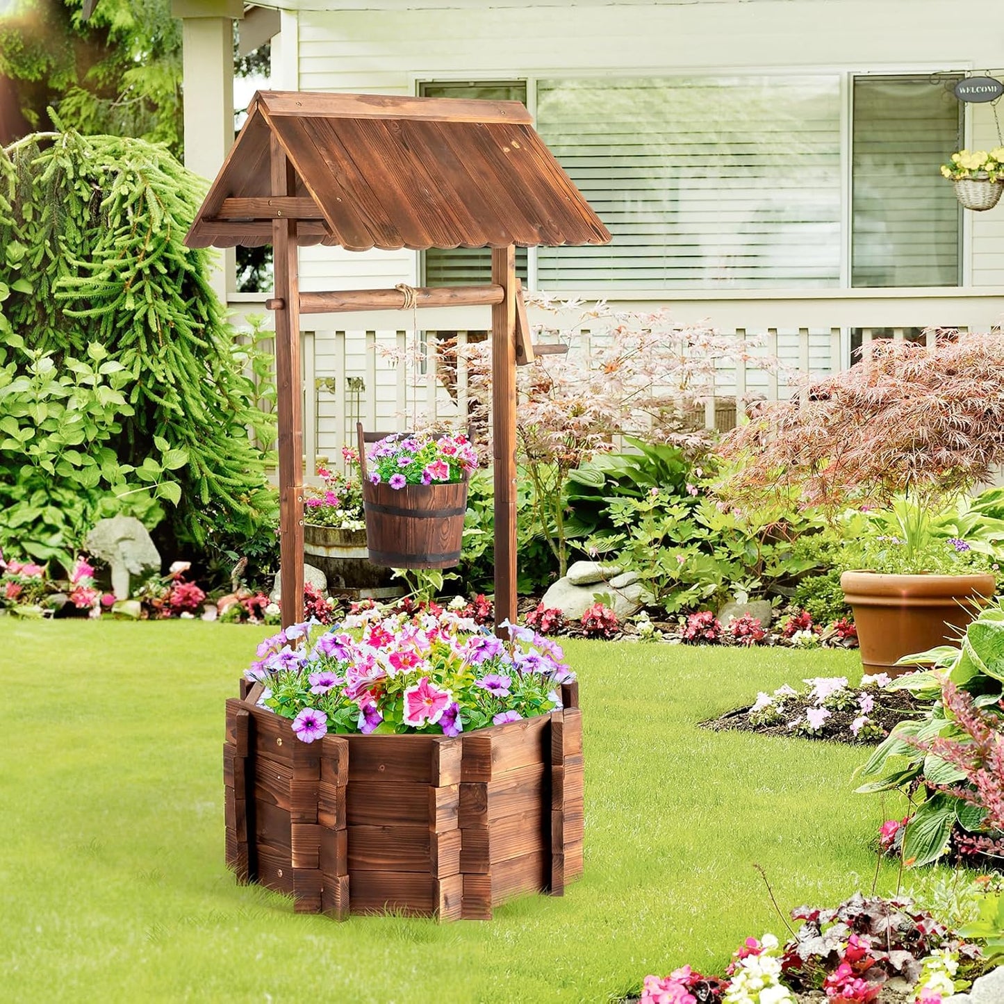 VINGLI Wooden Wishing Well Outdoor Planters, Well Covers for Yard with 4 Reinforced Rods, Height Adjustable Hanging Bucket, Rustic Flower Pot Home Decor for Outside Patio Garden