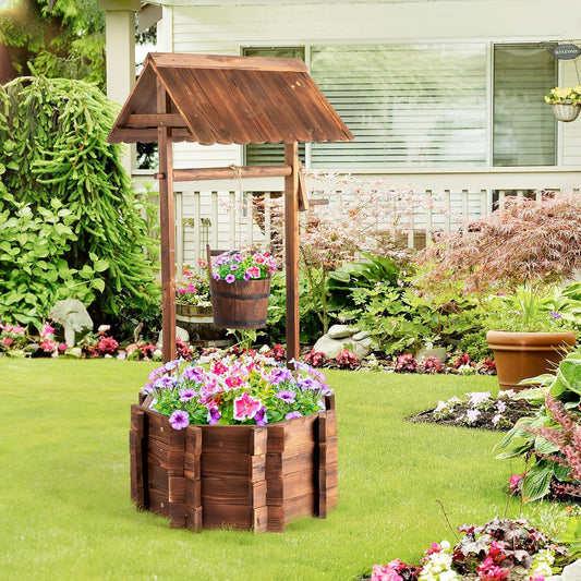 VINGLI Wooden Wishing Well Outdoor Planters, Well Covers for Yard with 4 Reinforced Rods, Height Adjustable Hanging Bucket, Rustic Flower Pot Home Decor for Outside Patio Garden