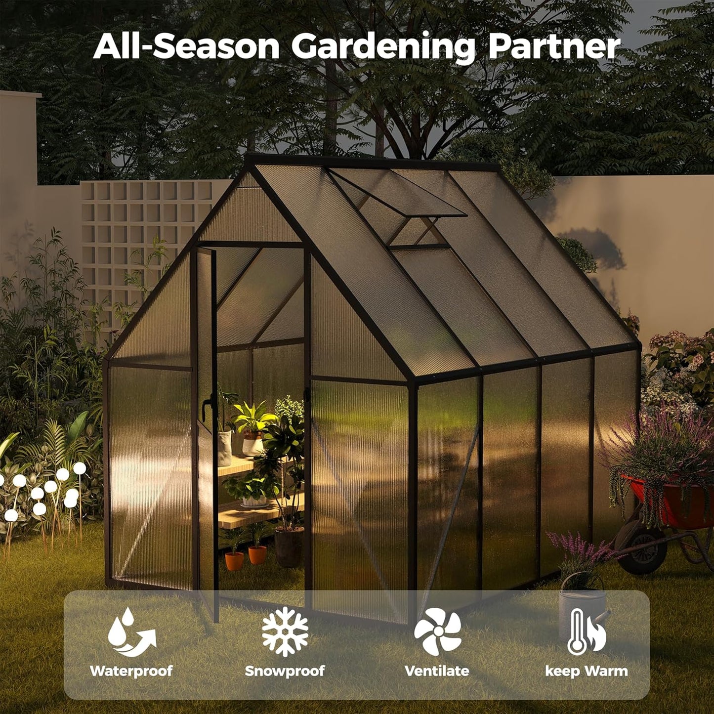 6x8 FT Greenhouse for Outdoors, Polycarbonate Greenhouse with Roof Vent, Enhanced Aluminum Large Walk-in Green House for Garden Backyard
