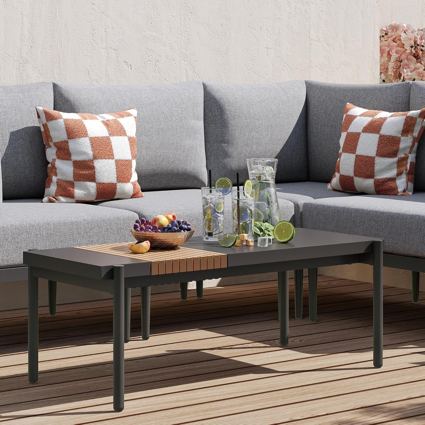 Sundale Outdoor Modern Metal Outdoor Coffee Table with Slatted Wood-Look Tabletop Design, Weather-Resistant Patio Side Table for Garden, Balcony, Poolside(Grey)