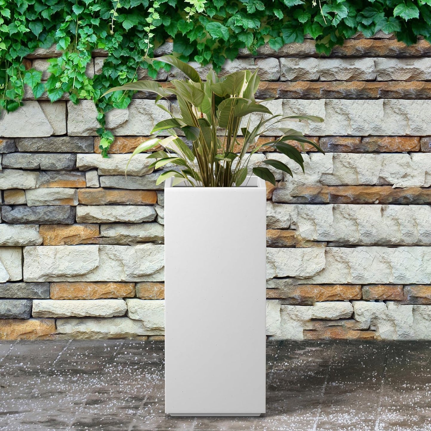 Kante 23.6" H Tall Rectangular Concrete Planter, Modern Square Diameter Plant Pot with Drainage Hole and Rubber Plug for Indoor Outdoor Home Patio Garden, Pure White