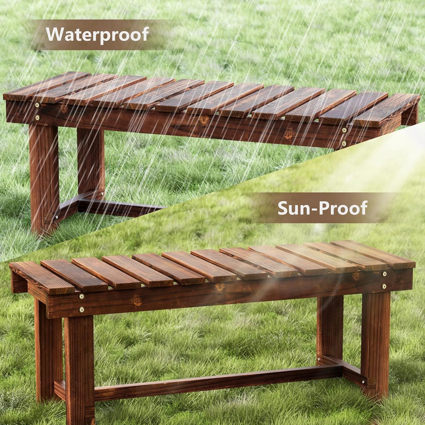 47.2" Outdoor Garden Bench, Weatherproof Patio Benches 3-Person Seat Backless Wooden Porch Bench, Multifunctional Slat All Weather Bench for Garden Lawn Porch Park Backyard (Carbonized Brown)