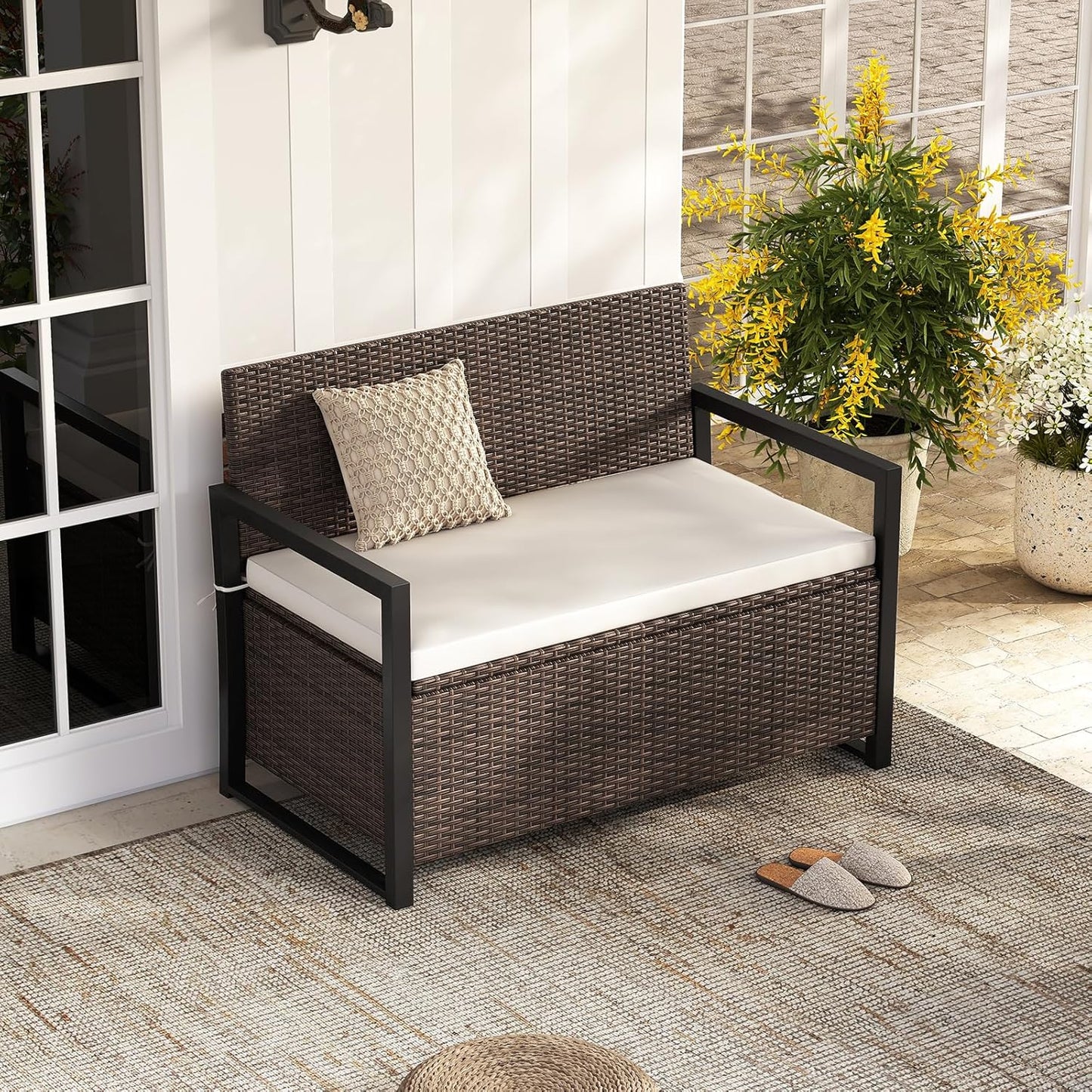 Tangkula 40 Gallon Outdoor Bench with Storage, Patio Wicker Storage Bench with Cushion, Cover, Metal Frame, Deck Box Seat for Backyard, Poolside, Balcony, Garden