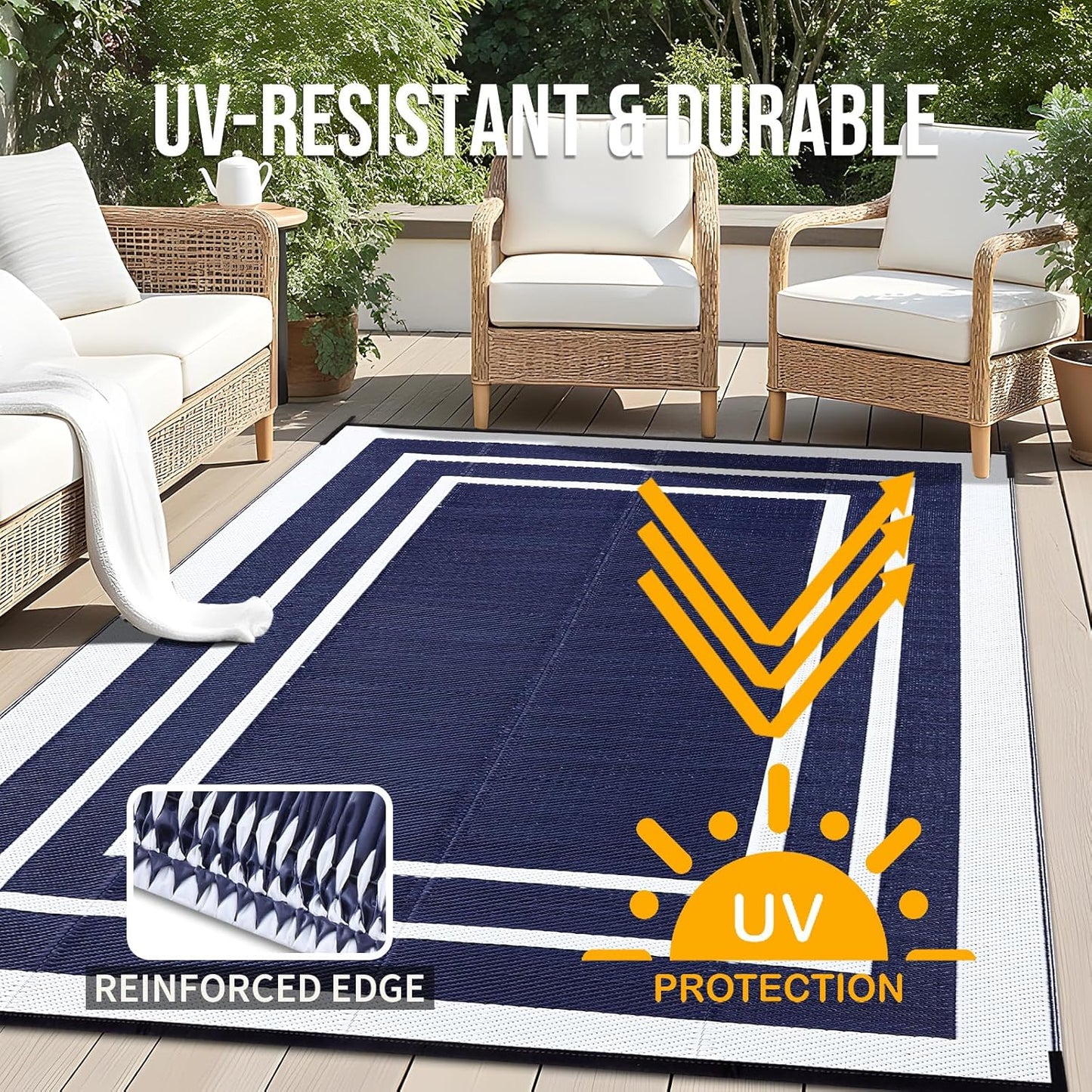 OLANLY Outdoor Rug 9x12 ft Waterproof, Reversible Outdoor Plastic Straw Rug, RV Mat, Indoor Outdoor Carpet Clearance for Patio, Camping, Balcony, Deck, Backyard, Navy & White