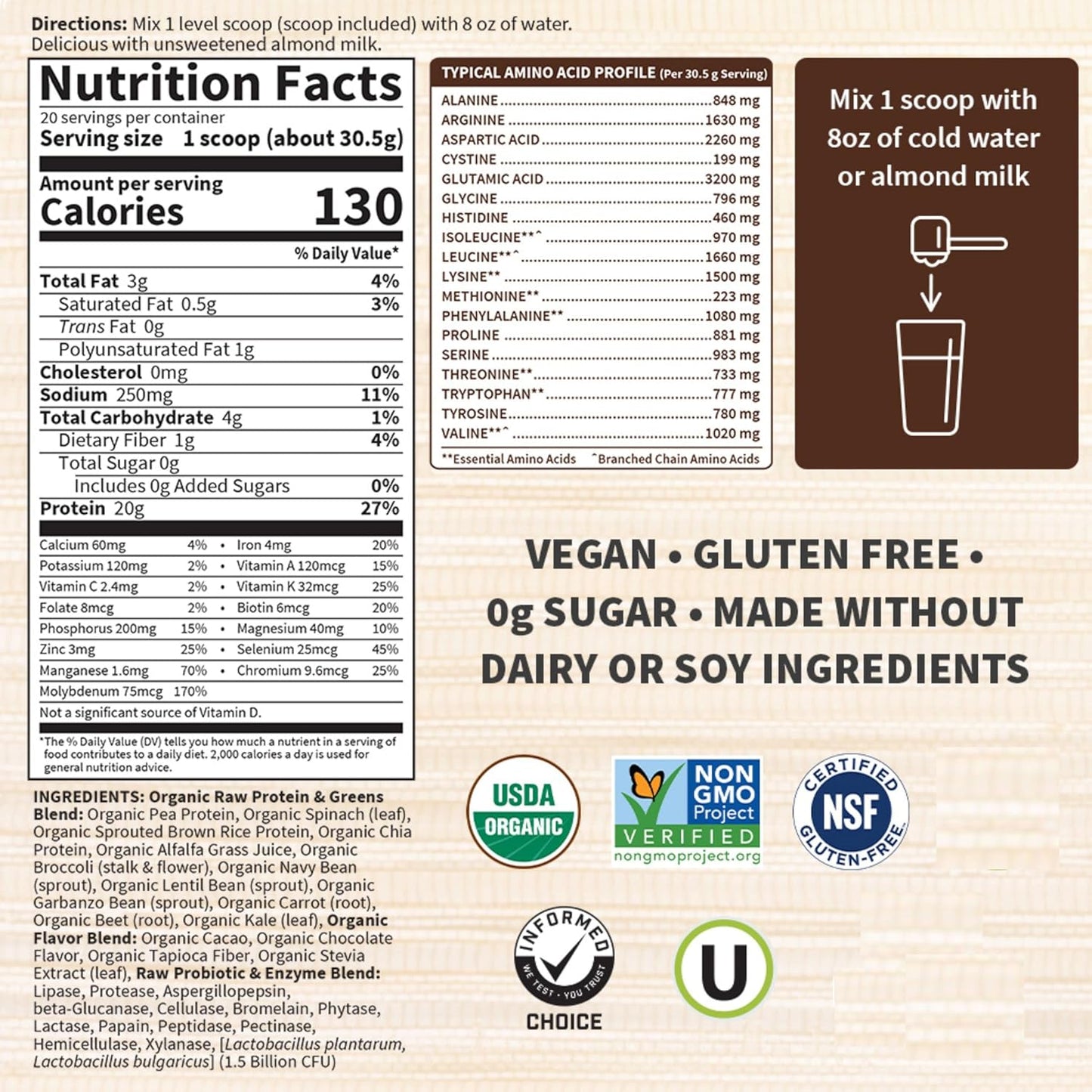 Garden of Life Raw Organic Protein & Greens - Chocolate - Vegan Protein Powder for Women and Men, Plant Protein, Pea Protein, Greens & Probiotics - Dairy Free, Gluten Free Low Carb Shake, 20 Servings