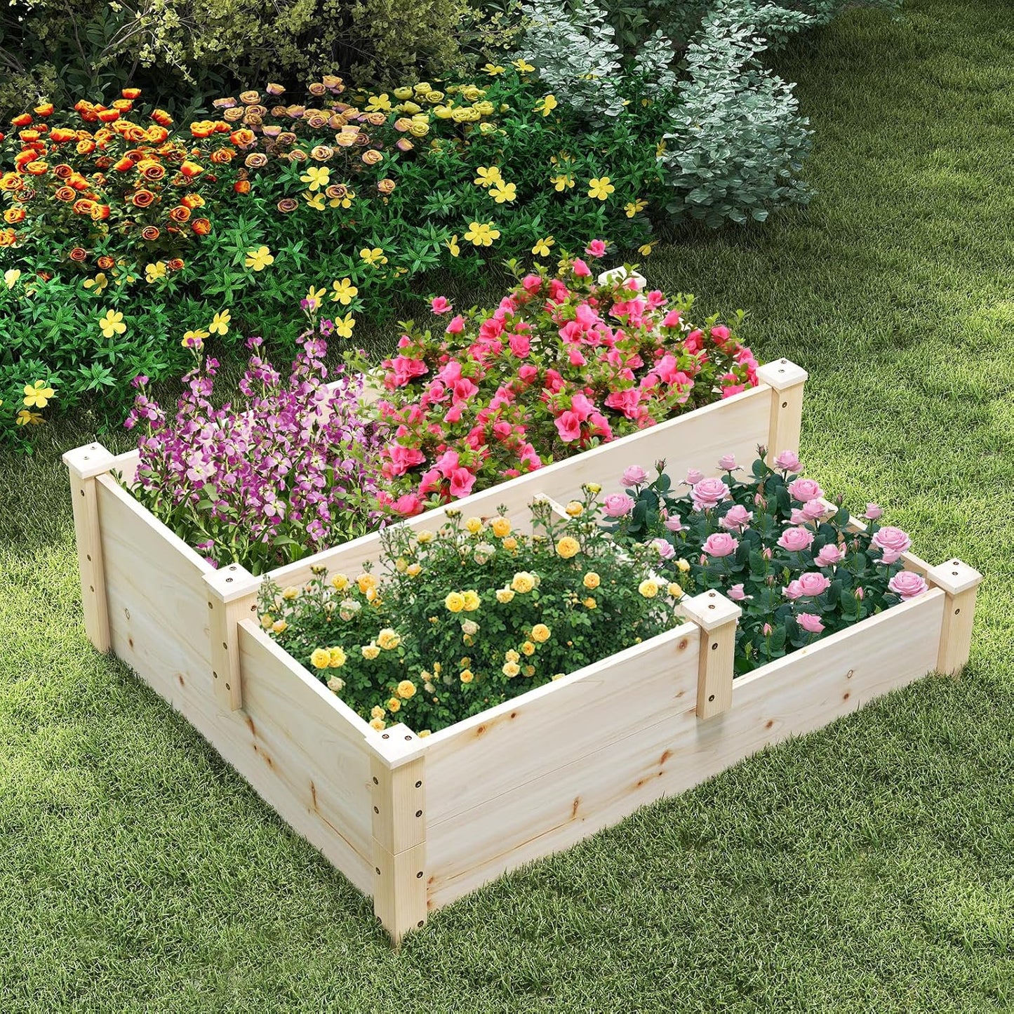 HAPPYGRILL 3-Tier Raised Garden Bed, Wood Elevated Planter Box w/Open-Ended Base, 3 Planting Depths& 2 Arrangement Options for Yard Lawn, Outdoor Planter Raised Beds for Vegetables Herbs Fruits
