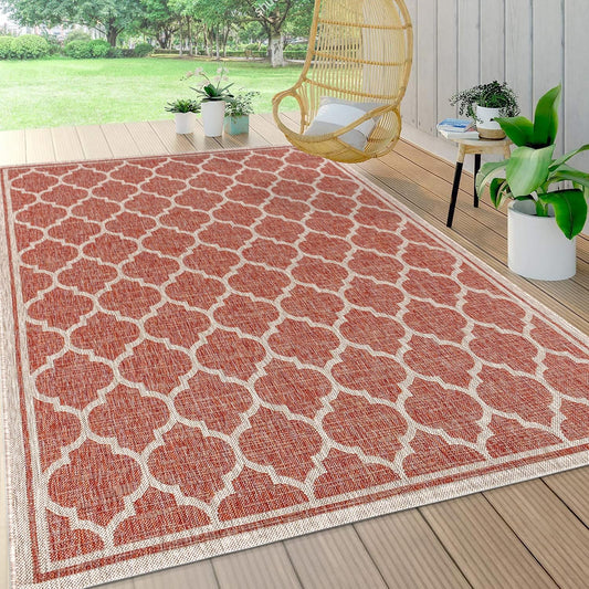 Eyely BMS109C-5 Santa Monica Trebol Moroccan Trellis Textured Weave Indoor/Outdoor Area Rug Coastal;Bohemian, Bedroom, Backyard, Patio, Easy-Cleaning, Non-Shedding, 5 X 8, Red/Beige