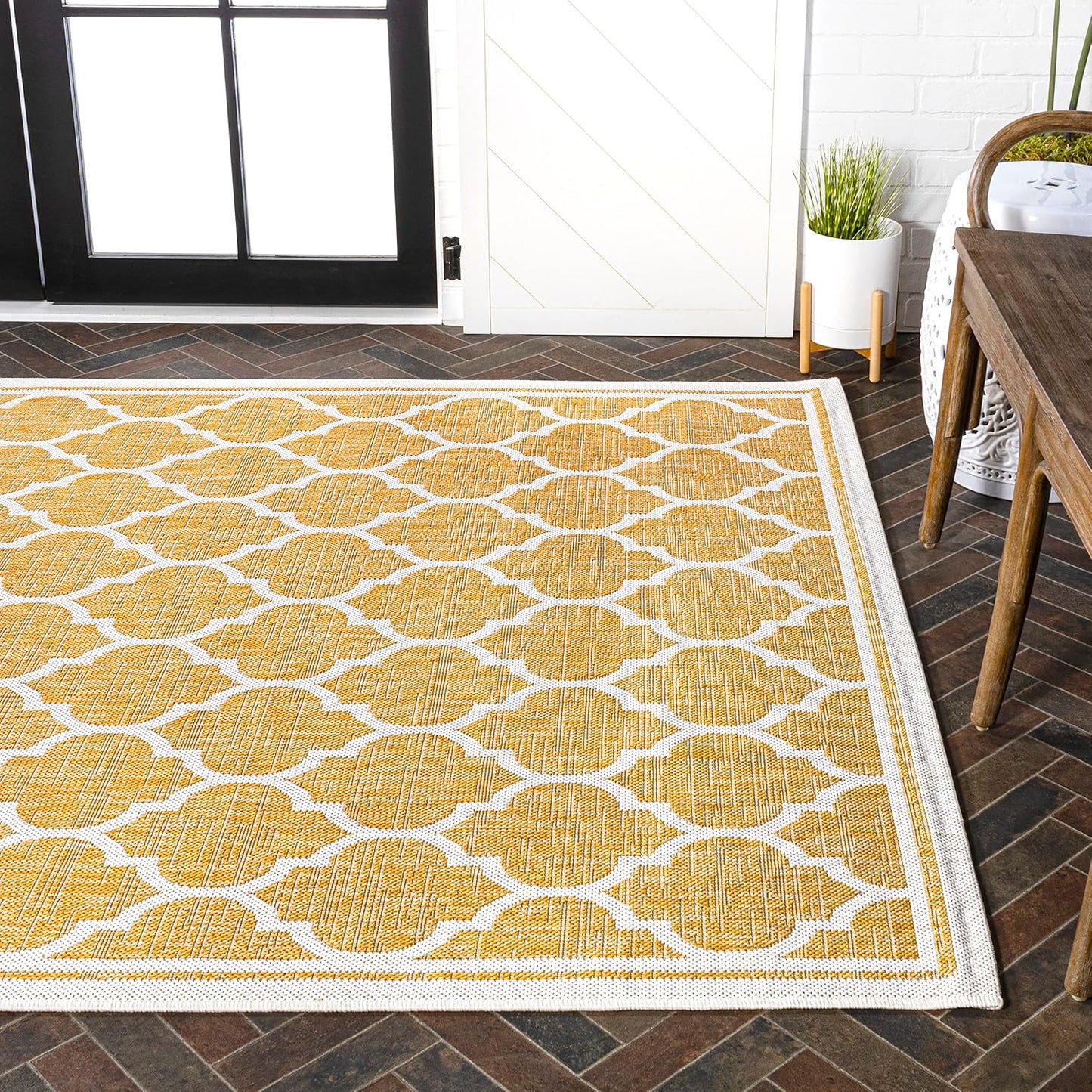 Eyely BMS109F-9 Santa Monica Trebol Moroccan Trellis Textured Weave Indoor/Outdoor Area Rug Coastal;Bohemian, Bedroom, Backyard, Patio, Easy-Cleaning, Non-Shedding, 9 X 12, Yellow/Cream