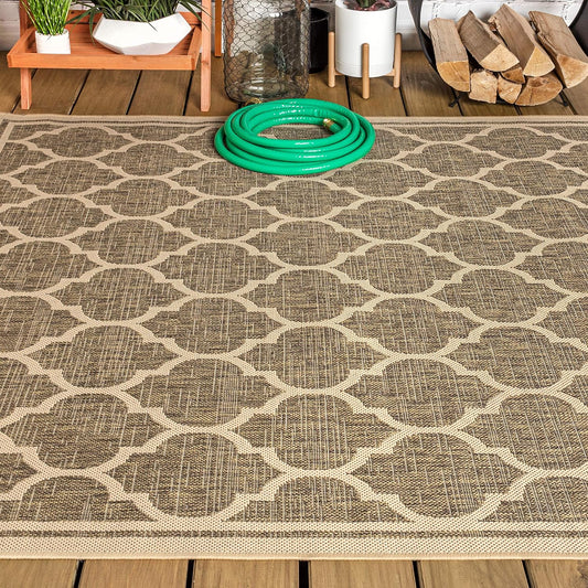 Eyely BMS109A-14 Santa Monica Trebol Moroccan Trellis Textured Weave, Pet Friendly, Non-Shedding, Stain Resistant, Easy-Cleaning, Brown/Beige, 10 ft. x 14 ft., Indoor/Outdoor, Area Rug