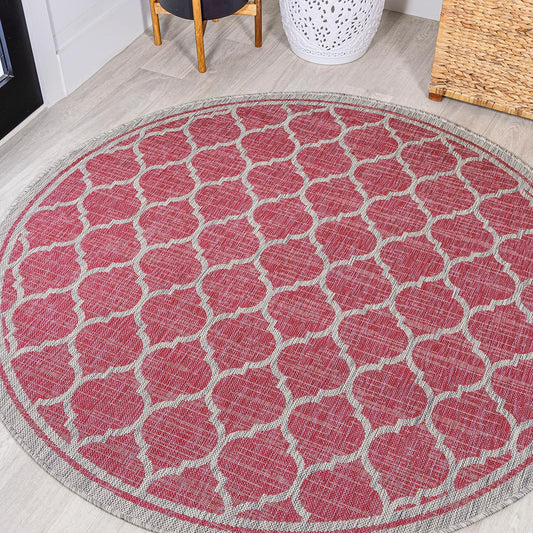 Eyely BMS109H-5R Santa Monica Trebol Moroccan Trellis Textured Weave Indoor/Outdoor Area Rug Coastal;Bohemian, Bedroom, Backyard, Patio, Easy-Cleaning, Non-Shedding, 5' Round, Fuchsia/Light Gray