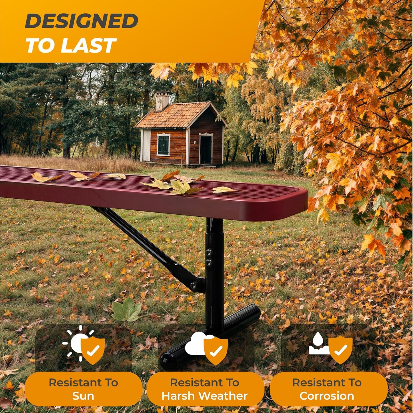 Heavy-Duty Outdoor Metal Bench, Thermoplastic-Coated, Portable, Weatherproof, Commercial-Grade for Parks, Gardens, Patios, Stores & More (8 Ft - Portable, Red)