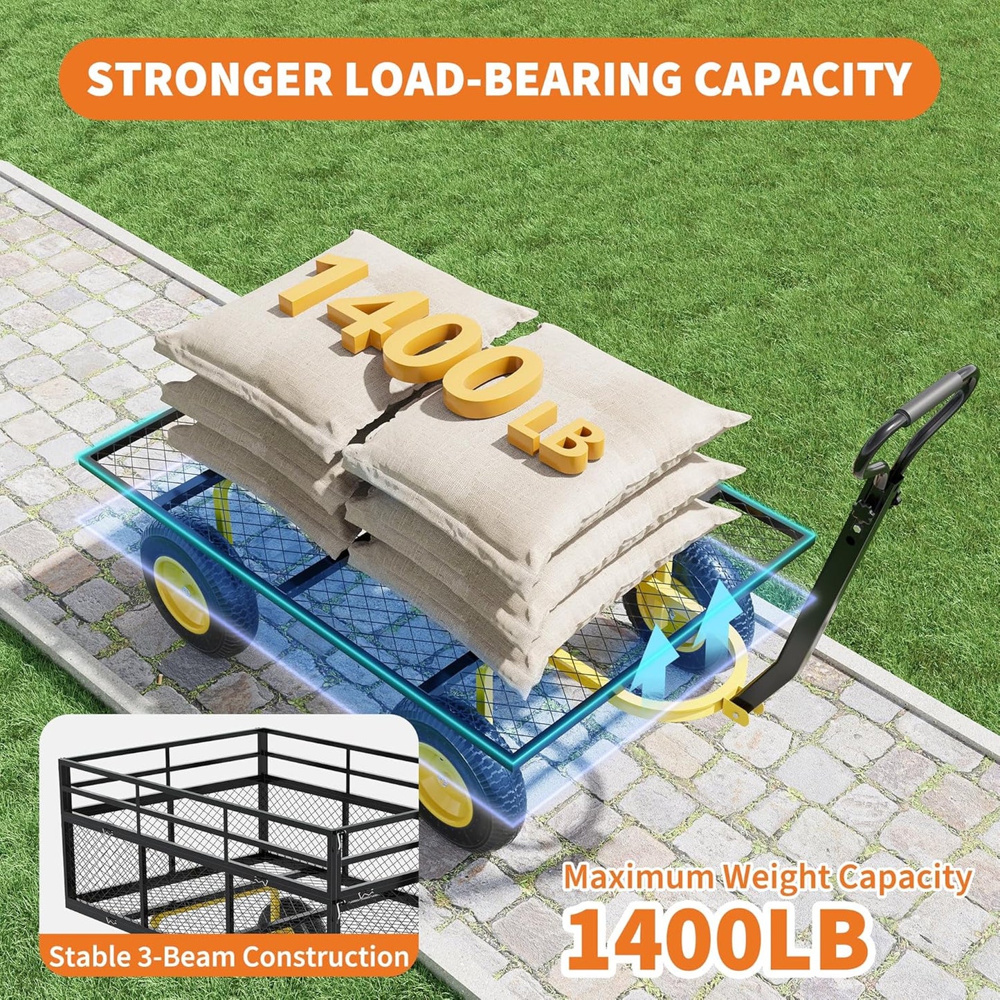 3-in-1 Heavy-Duty Steel Garden Cart, 1400 Lbs Garden Wagon, with 13 Inch All-Terrain Tires and Removable Mesh Side Panels, 180° Rotating Handle, Metal Multi-Function Carts, Outdoor Gardens Wagon Cart