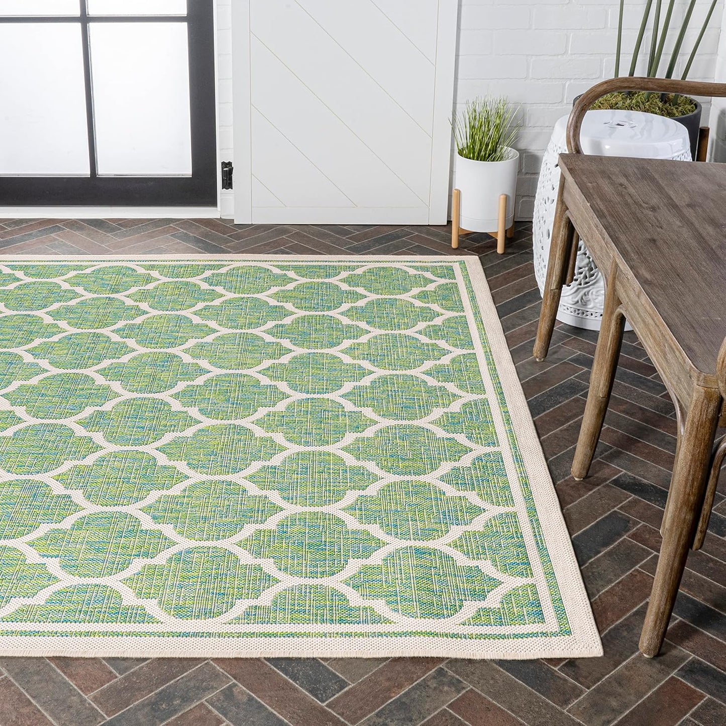Eyely BMS109I-8 Santa Monica Trebol Moroccan Trellis Textured Weave Indoor/Outdoor Area Rug Coastal;Bohemian, Bedroom, Backyard, Patio, Easy-Cleaning, Non-Shedding, 8 X 10, Cream/Green