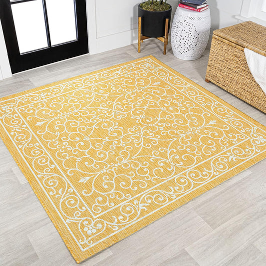 JONATHAN Y SMB106L-5SQ Charleston Vintage Filigree Textured Weave Indoor Outdoor Area Rug, Classic Traditional Transitional Easy Cleaning,Bedroom,Kitchen,Backyard,Patio, Yellow/Cream, 5' Square