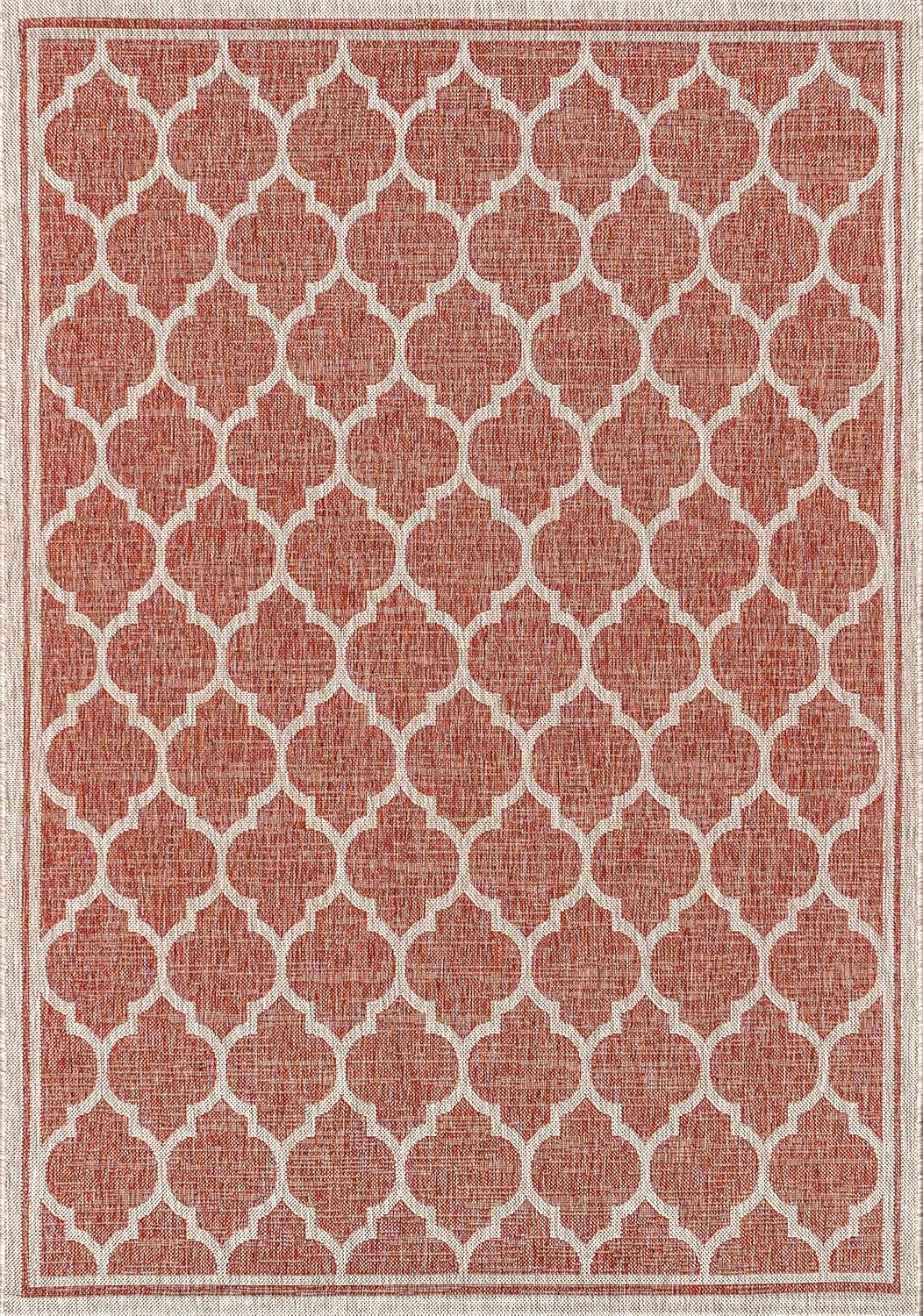 Eyely BMS109C-8 Santa Monica Trebol Moroccan Trellis Textured Weave Indoor/Outdoor Area Rug Coastal;Bohemian, Bedroom, Backyard, Patio, Easy-Cleaning, Non-Shedding, 8 X 10, Red/Beige