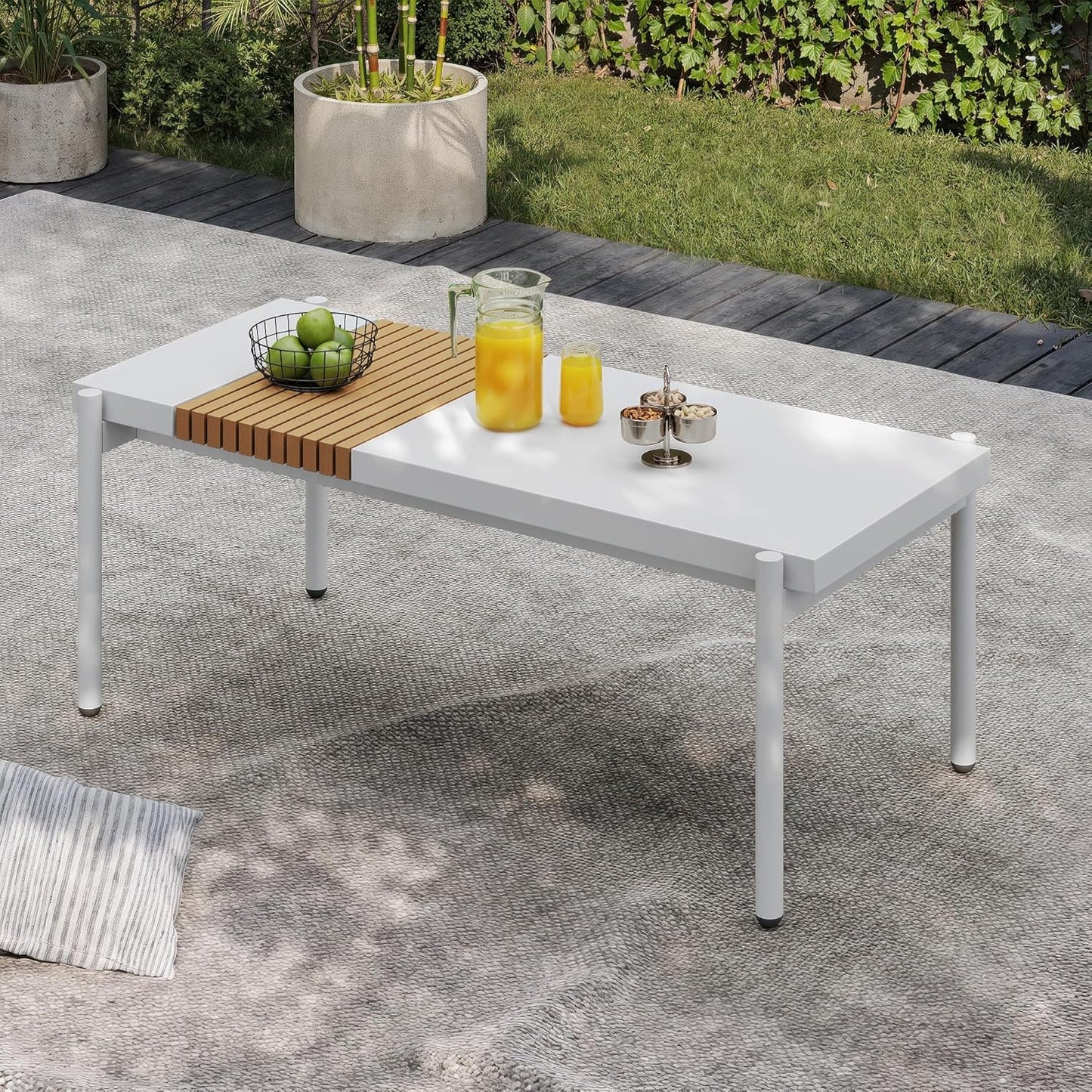 Sundale Outdoor Modern Metal Outdoor Coffee Table with Slatted Wood-Look Tabletop Design, Weather-Resistant Patio Side Table for Garden, Balcony, Poolside(White)