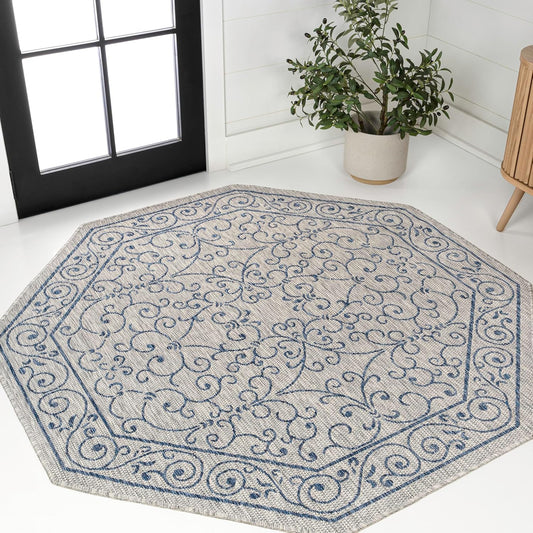 JONATHAN Y SMB106C-5TGN Charleston Vintage Filigree Textured Weave Gray/Navy 5' Octagon Indoor/Outdoor Area Rug, Non-Shedding, Stain Resistant,Fade Resistant, Easy-Cleaning for Backyard Patio, Porch