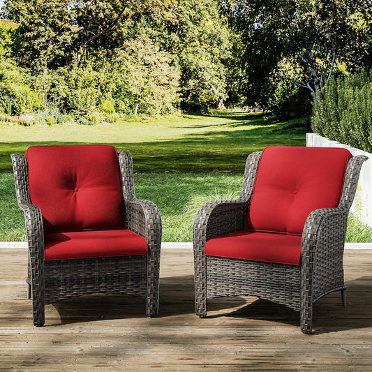 Joyside Outdoor Wicker Chair Rattan Patio Dining Chairs Set of 2 PE Wicker Patio Chairs with 4inch Seat Cushions Outdoor Patio Seating Chair for Garden, Backyard Swimming Pool, Balcony(Mixed Grey/Red)