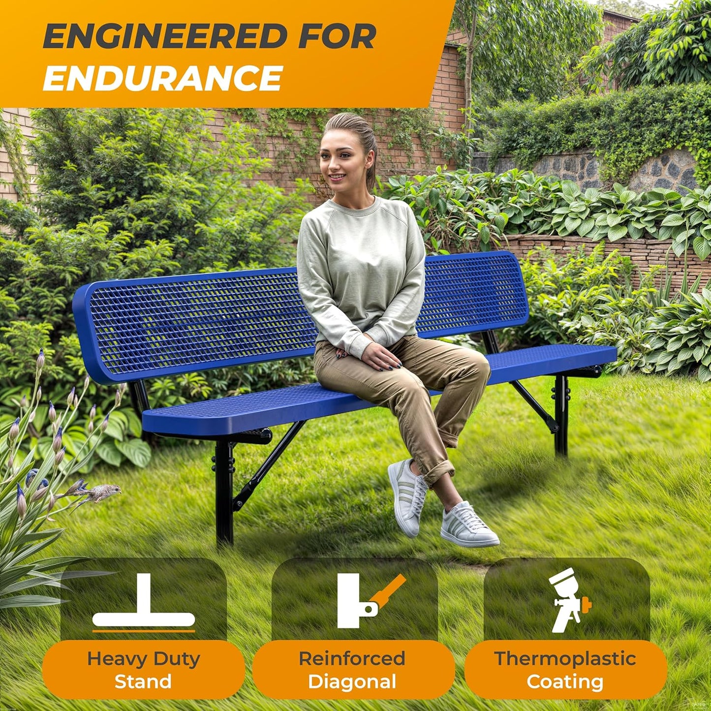 Heavy-Duty Outdoor Metal Bench, Thermoplastic-Coated, Inground, Weatherproof, Commercial-Grade for Parks, Gardens, Patios, Stores & More (8 Ft - Inground with Back, Blue)