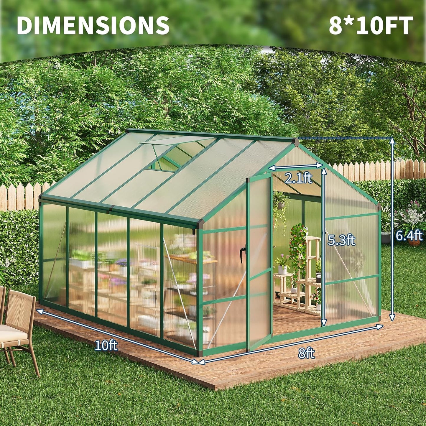 8x10 FT Greenhouse for Outdoors, Polycarbonate Flower Greenhouse with Roof Vent, Push-Pull Lockable Door, Aluminum Walk-in Greenhouses for Outside Garden Backyard, Patio, Lawn, Green