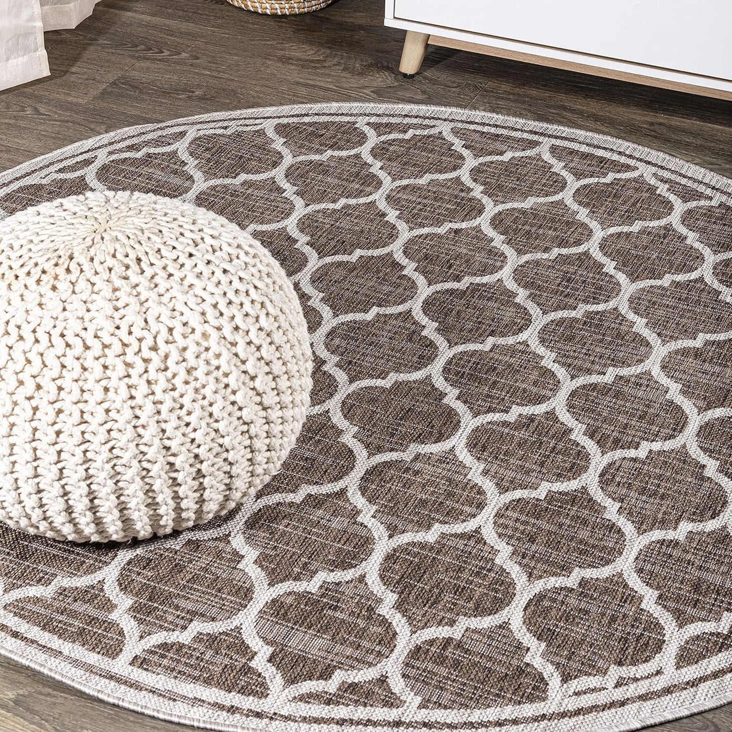 Eyely BMS109B-5R Santa Monica Trebol Moroccan Trellis Textured Weave Indoor/Outdoor Area Rug Coastal;Bohemian, Bedroom, Backyard, Patio, Easy-Cleaning, Non-Shedding, 5' Round, Espresso/Taupe