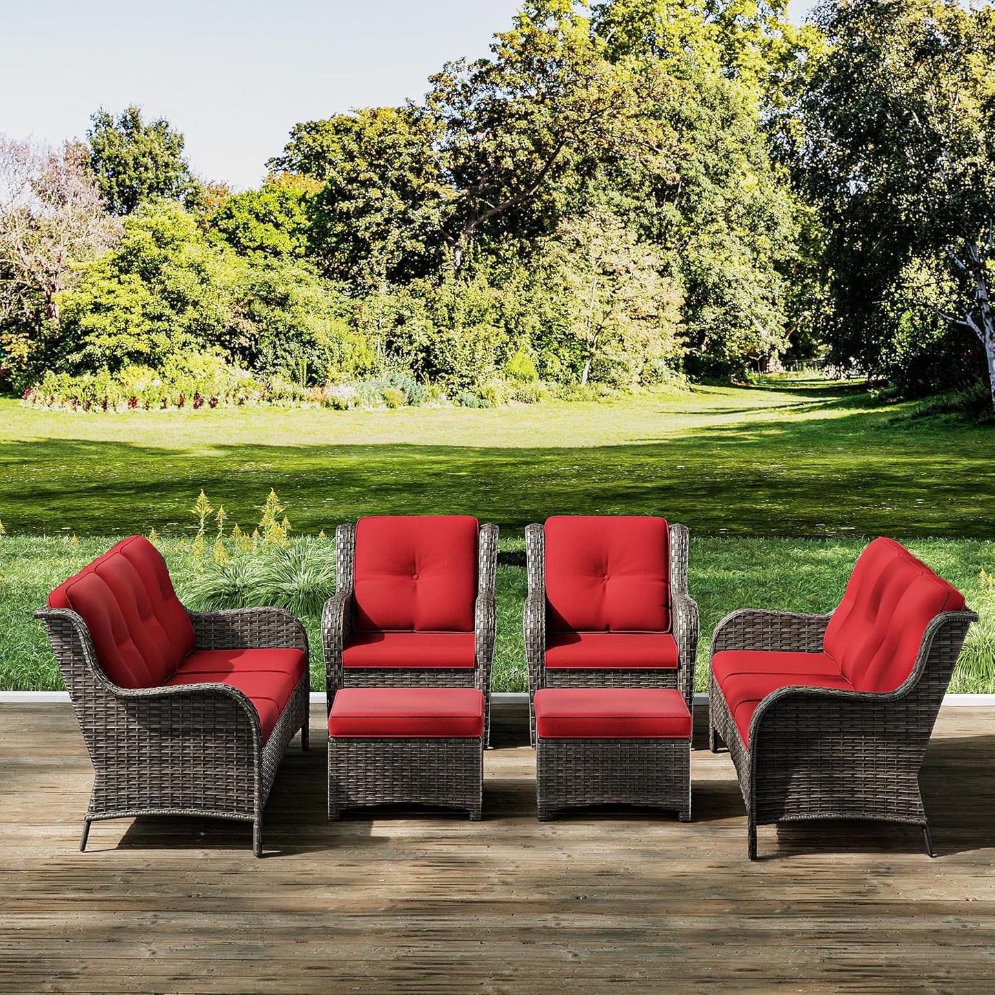 Joyside Patio Furniture Set 6 Pieces - Outdoor Rattan Furniture Set with 2 Armchairs, 2 Couch and 2 Ottomans, Olefin Cushions Included(Mixed Grey/Red)
