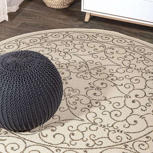 JONATHAN Y SMB106A-6R Charleston Vintage Filigree Textured Weave Beige/Brown 6' Round Indoor/Outdoor Area Rug, Pet Friendly, Non-Shedding, Stain Resistant, Easy-Cleaning for Backyard, Patio, Porch