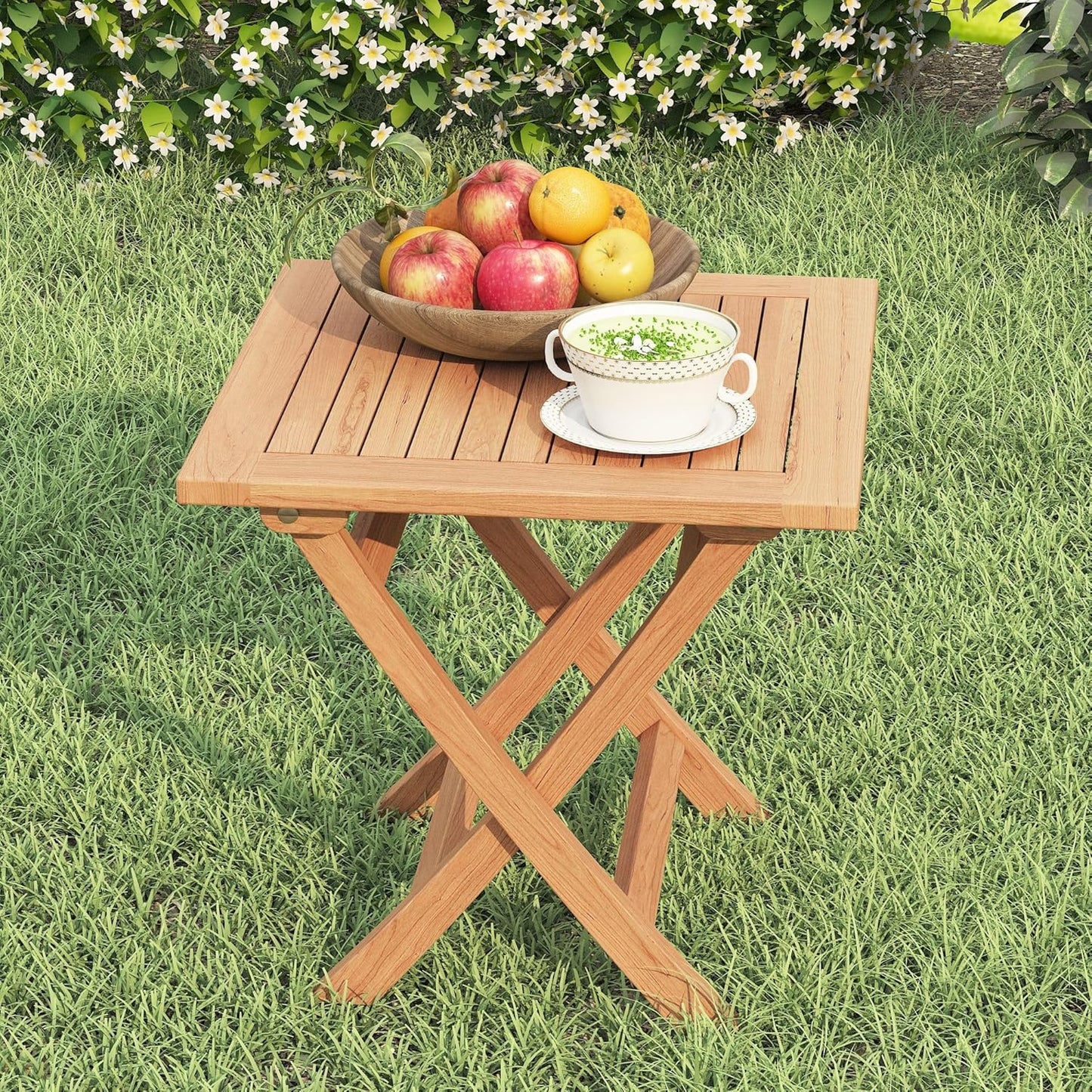 Teak Wood Square Patio Side Table, Outdoor Side Table Waterproof Natural Wood, Sturdy Portable Bistro Table for Camping Deck Poolside