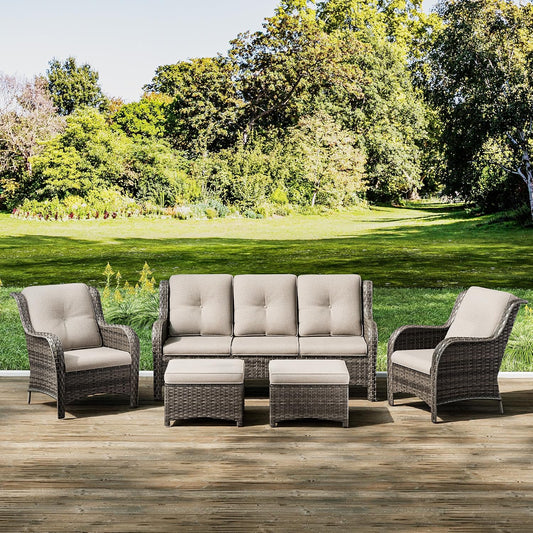 Joyside Patio Furniture Set 5-Piece Wicker Outdoor Furniture Conversational Set with 3-Seat Sofa, 2 Armchairs, 2 Ottoman Patio Rattan Wicker Sectional Sofa Set with Olefin Cushions(Mixed Grey/Beige)