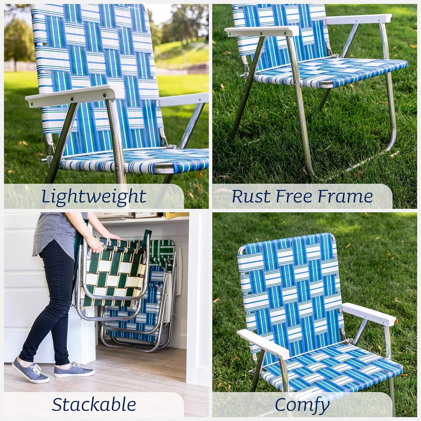 Lawn Chair USA Folding Aluminum Outdoor Patio Lawn Chair | Heavy-Duty Webbed Chairs for Camping, Sports, Beach, Yard & Tailgating | Lightweight Portable | Classic - Blue and White with White Arms
