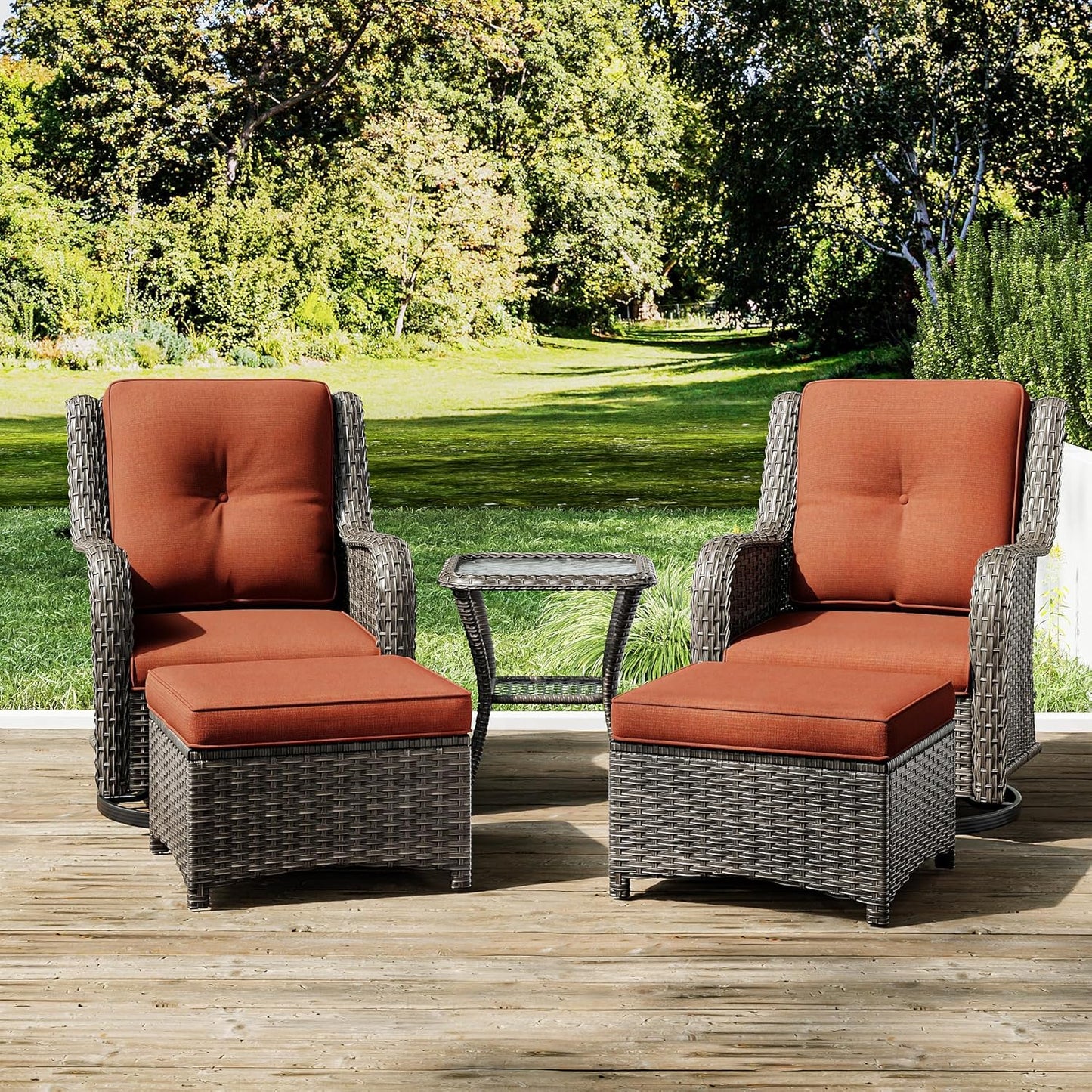 Joyside 5 Piece Outdoor Patio Furniture Set Wicker Conversation Bistro Set Swivel Rocking Chairs with Side Table and Ottomans for Backyard, Porch, Deck(Mixed Grey/Orange)