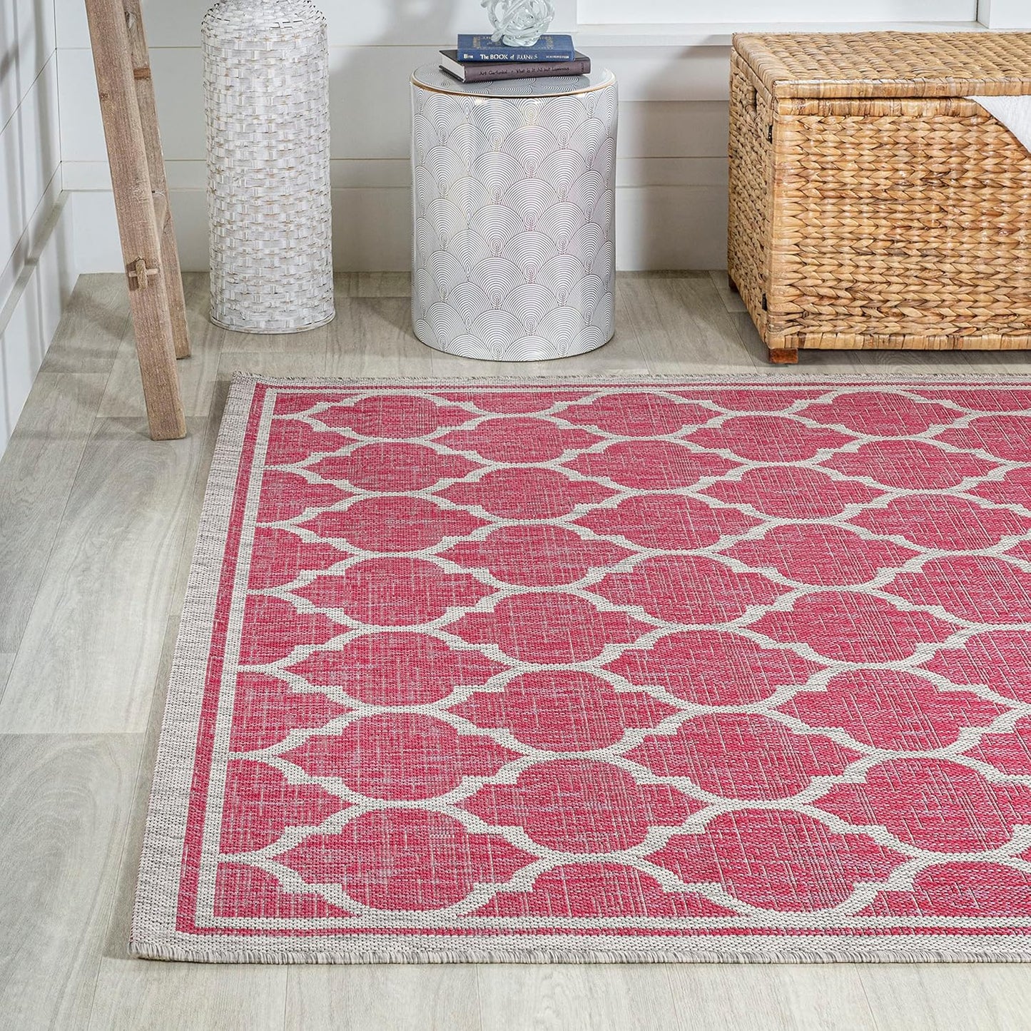 Eyely BMS109H-8 Santa Monica Trebol Moroccan Trellis Textured Weave Indoor/Outdoor Area Rug Coastal;Bohemian, Bedroom, Backyard, Patio, Easy-Cleaning, Non-Shedding, 8 X 10, Fuchsia/Light Gray