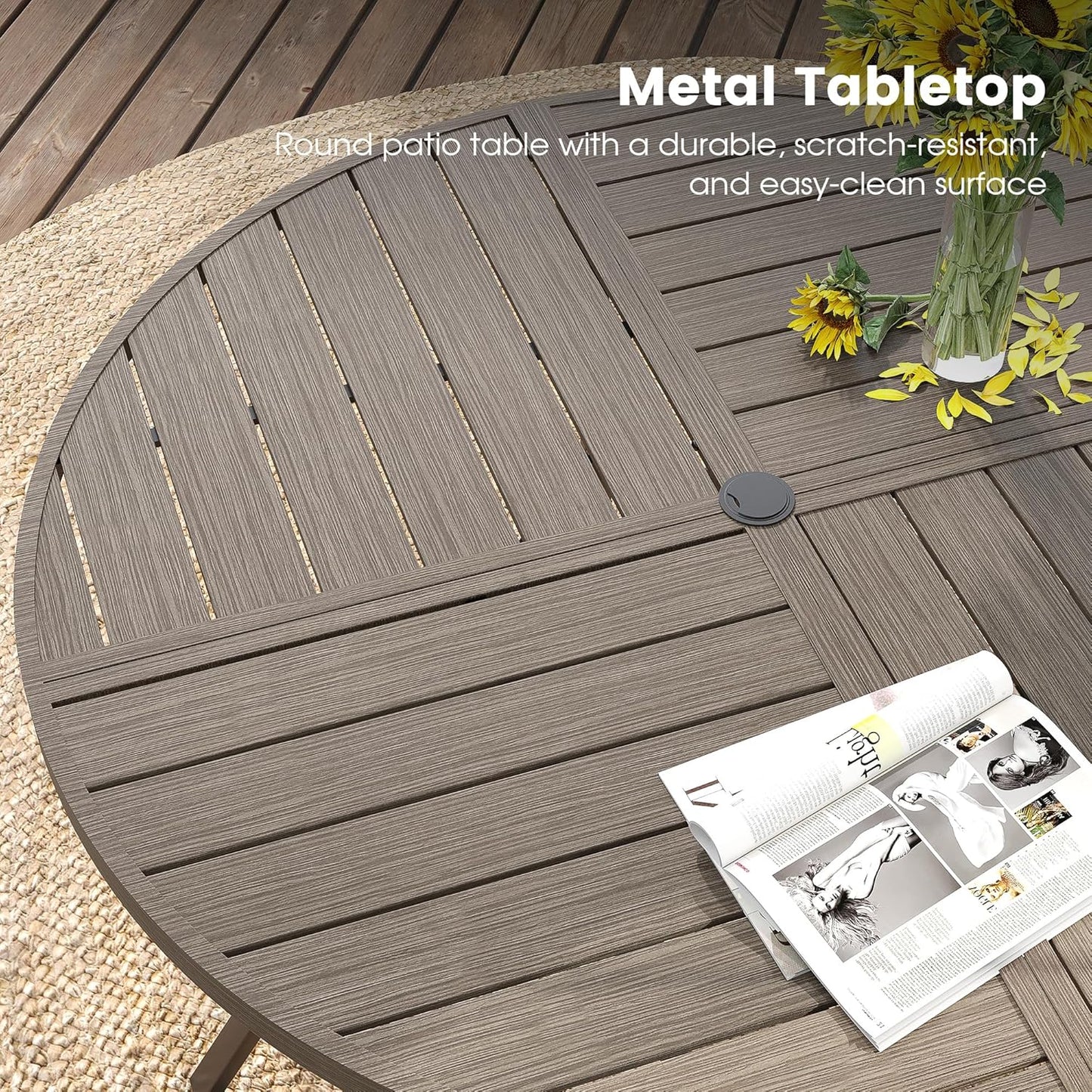 DIFY 40.6" Round Outdoor Patio Dining Table for 4, All-Weather Metal Steel Slatted Patio Table with 1.57" Adjustable Umbrella Hole, for Lawn Garden Porch Backyard, Grey Wood-Like