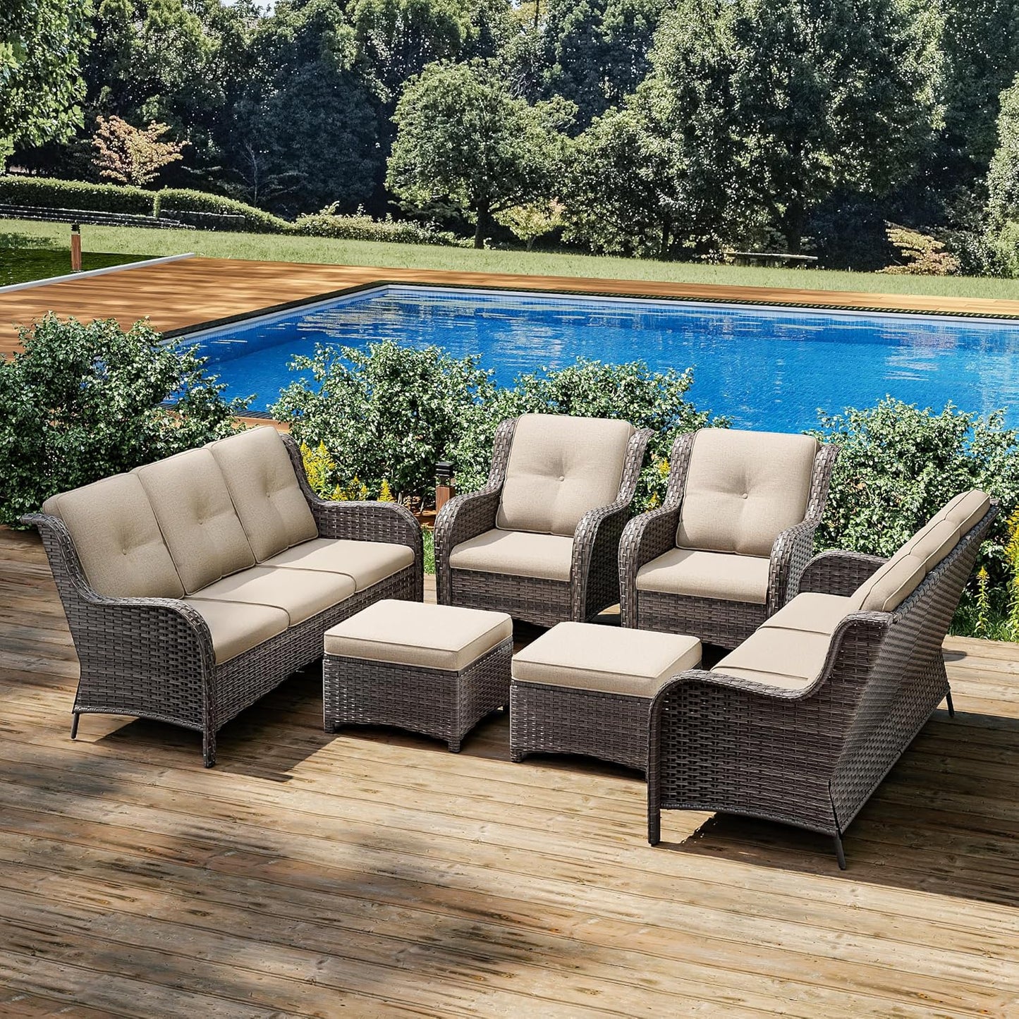 Joyside Patio Furniture Set 6 Pieces - Outdoor Rattan Furniture Set with 2 Armchairs, 2 Couch and 2 Ottomans, Olefin Cushions Included(Mixed Grey/Beige)