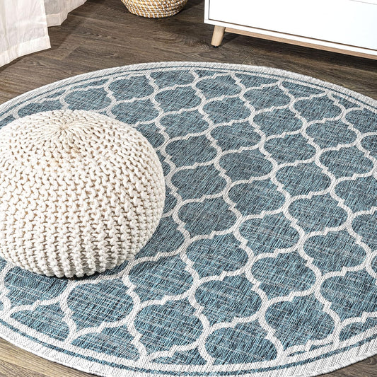 Eyely BMS109E-5R Santa Monica Trebol Moroccan Trellis Textured Weave Indoor/Outdoor Area Rug Coastal;Bohemian, Bedroom, Backyard, Patio, Easy-Cleaning, Non-Shedding, 5' Round, Teal/Gray