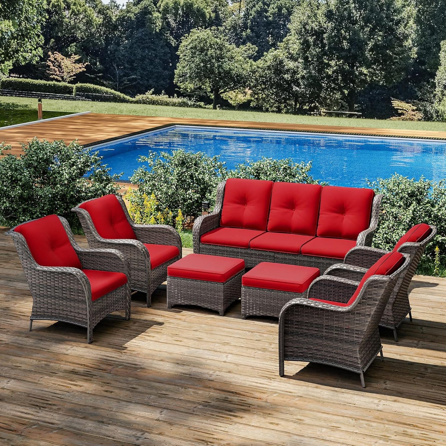 Joyside Wicker Patio Furniture Sets 7 Piece Set with One 3-Seat Sofa, Four Armchairs, Two Ottomans, Wicker Outdoor Furniture Sectional Conversation Set(Mixed Grey/Red)