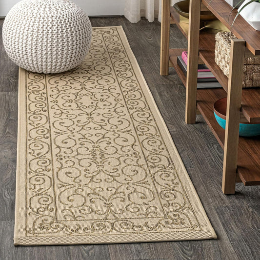 JONATHAN Y SMB106A-28 Charleston Vintage Filigree Textured Weave Indoor/Outdoor Beige 2 ft. x 8 ft. Runner Rug, Classic,Easy-Cleaning,HighTraffic,LivingRoom,Backyard, Non Shedding