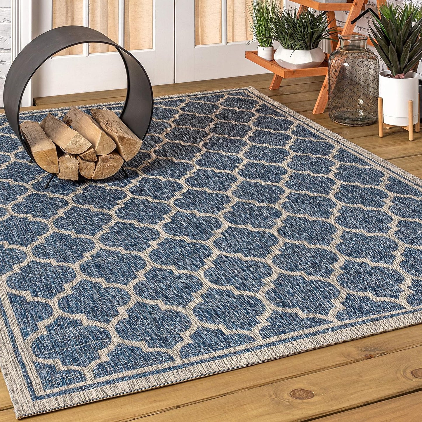 Eyely BMS109D-4 Santa Monica Trebol Moroccan Trellis Textured Weave Indoor/Outdoor Area Rug Coastal;Bohemian, Bedroom, Backyard, Patio, Easy-Cleaning, Non-Shedding, 4 X 6, Navy/Gray