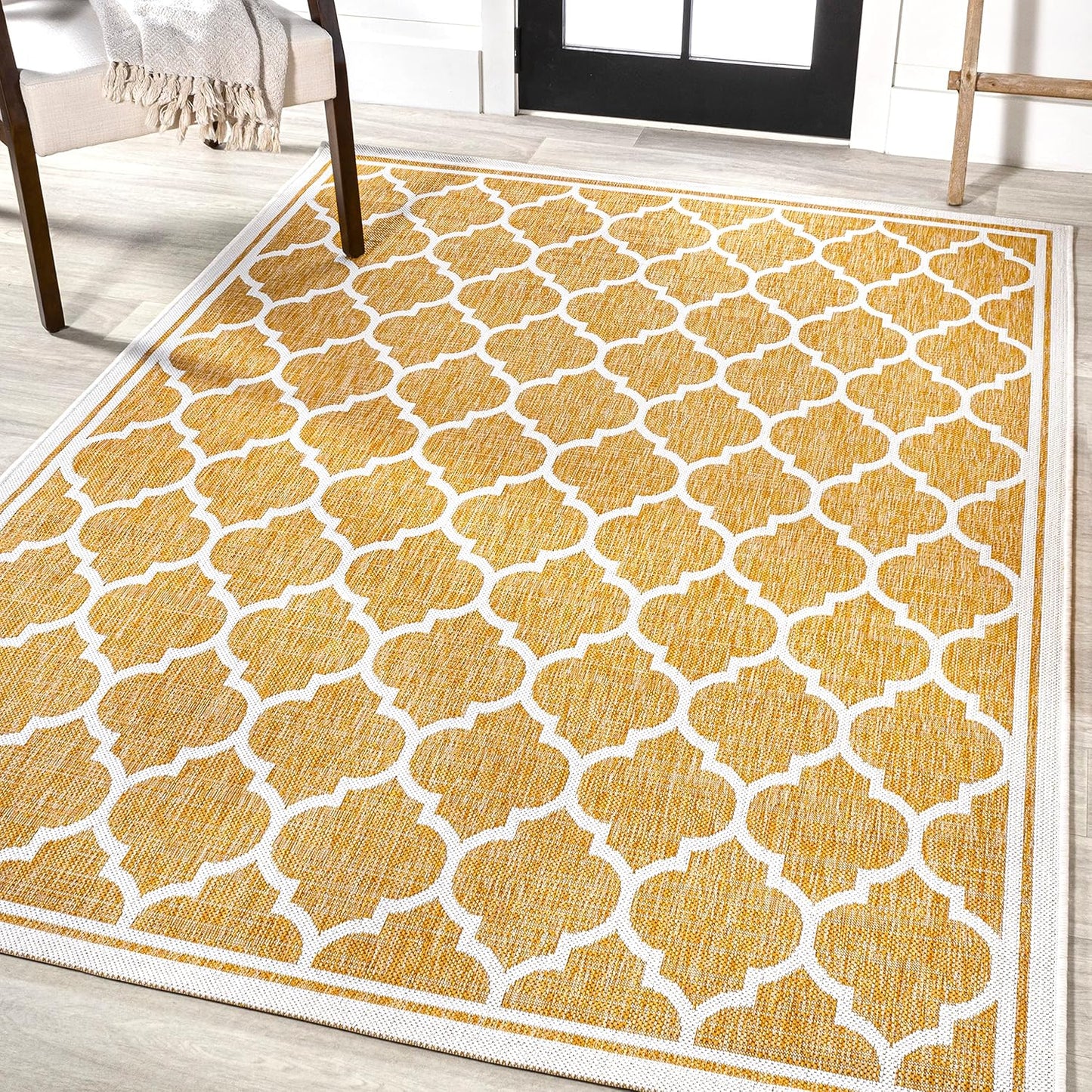 Eyely BMS109F-9 Santa Monica Trebol Moroccan Trellis Textured Weave Indoor/Outdoor Area Rug Coastal;Bohemian, Bedroom, Backyard, Patio, Easy-Cleaning, Non-Shedding, 9 X 12, Yellow/Cream