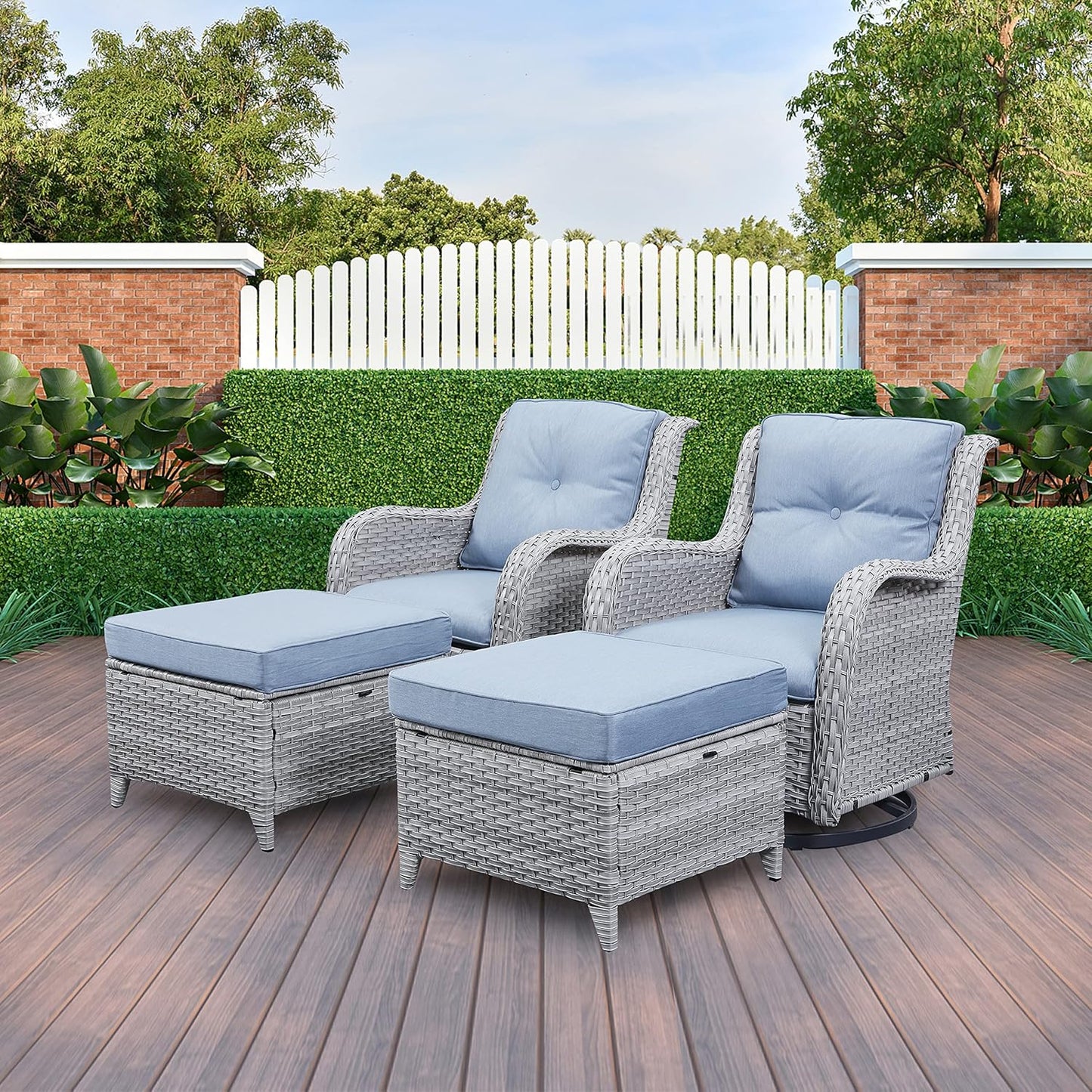 Wicker Outdoor Furniture Patio Furniture Set - 6 Piece Patio Conversation Set with Swivel Rocker Chairs, Rattan Sofa, Ottomans and Coffee Table, Baby Blue Cushion