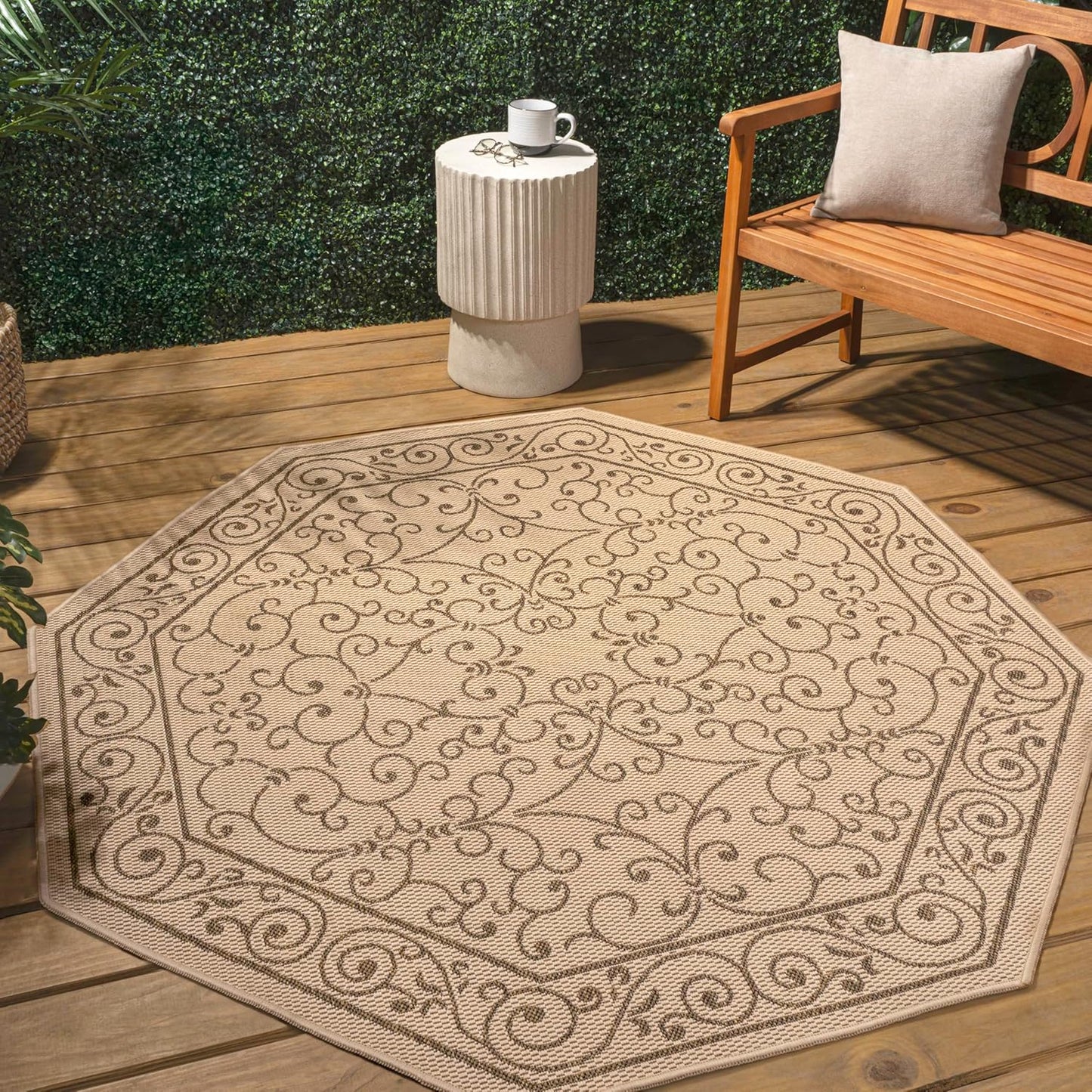 JONATHAN Y SMB106A-5TGN Charleston Vintage Filigree Textured Weave Beige/Brown 5' Octagon Indoor/Outdoor Area Rug, Non-Shedding, Stain Resistant,Fade Resistant, Easy-Cleaning for Backyard Patio, Porch