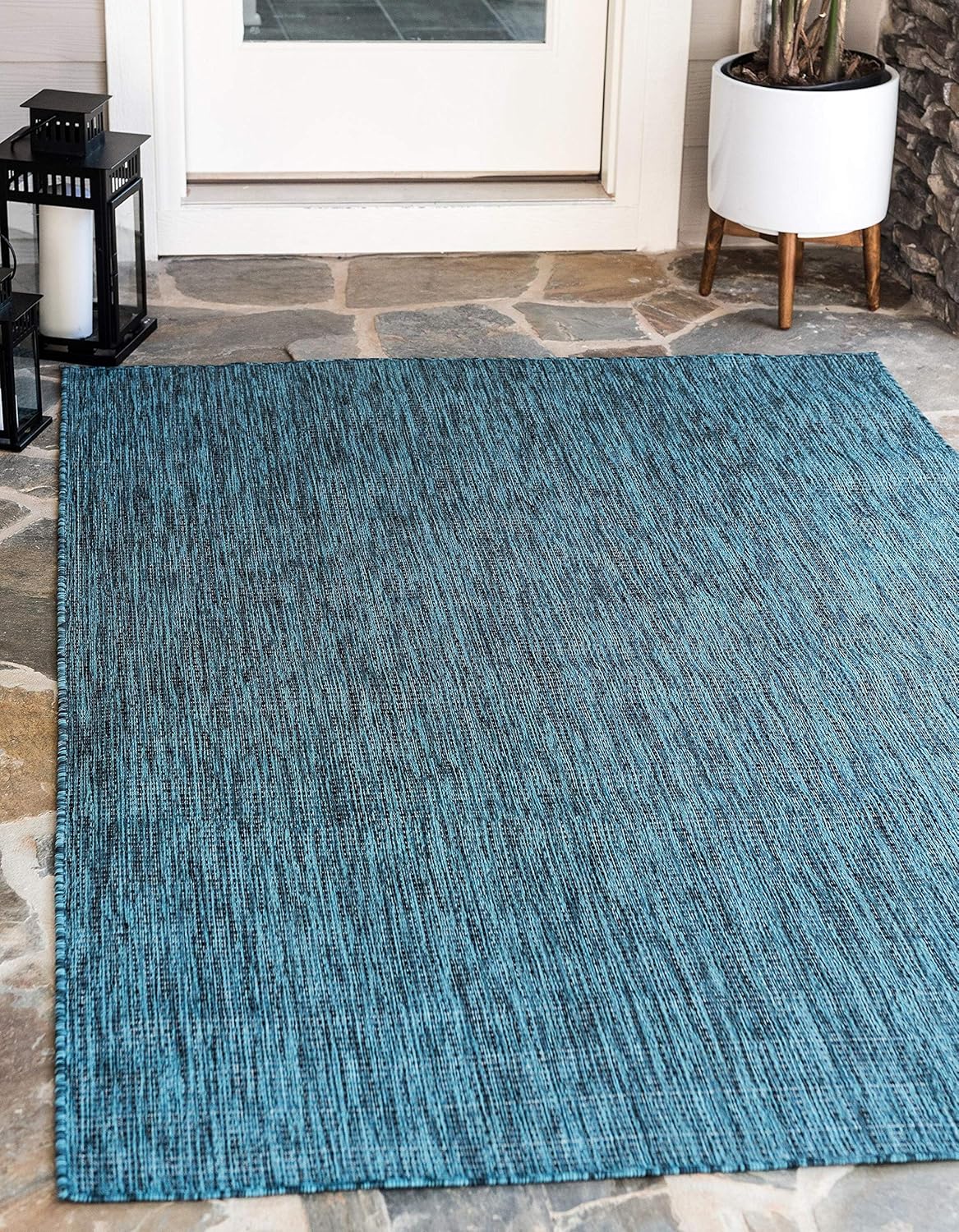 Unique Loom Collection Casual Transitional Solid Heathered Indoor/Outdoor Flatweave Area Rug (9' x 12' Rectangle, Teal/Navy Blue)